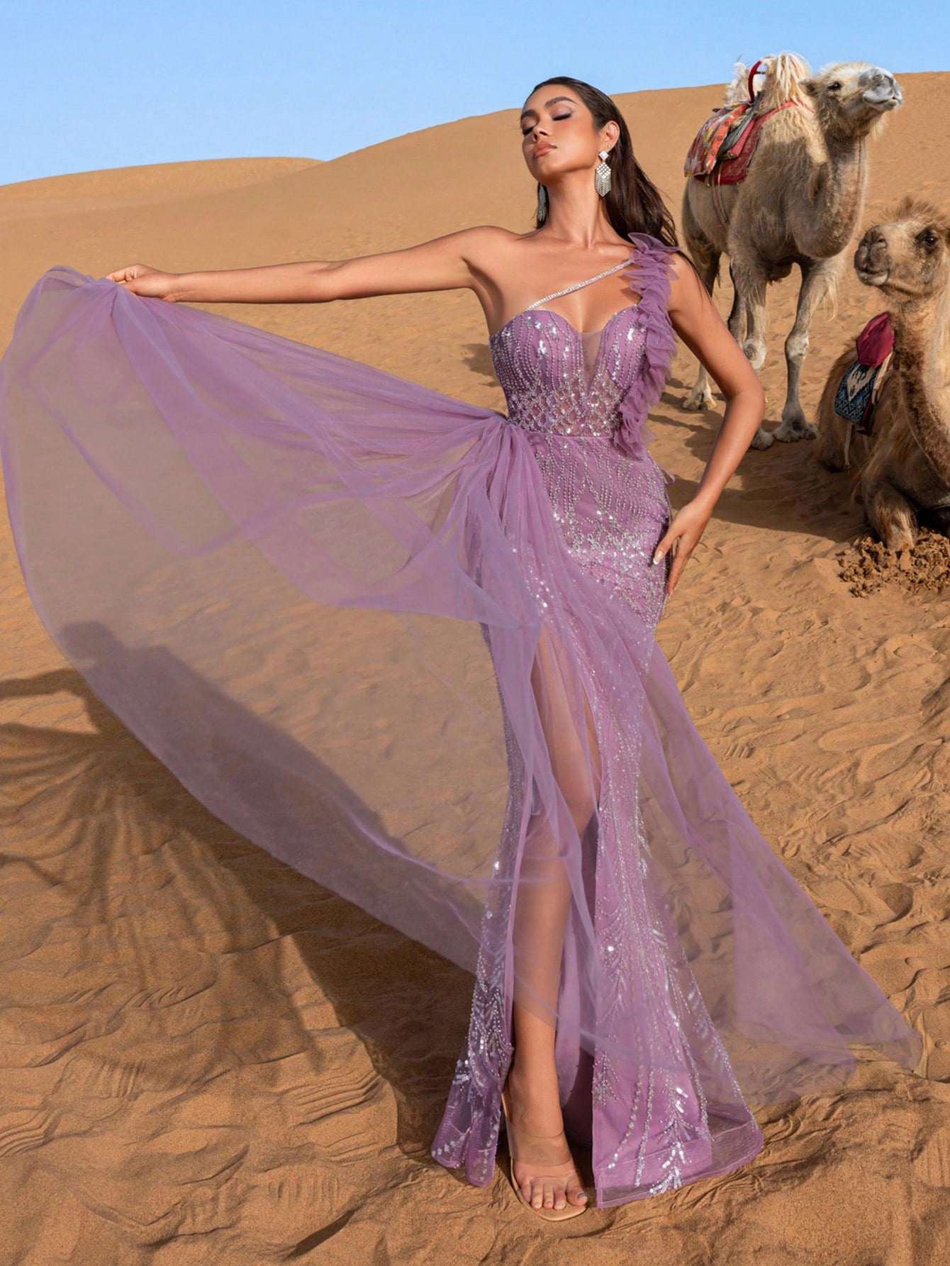 Luxury Beaded Mermaid Evening Gown: Asymmetrical Sheer Mesh Neckline & Flared Hem for Galas & Formal Events