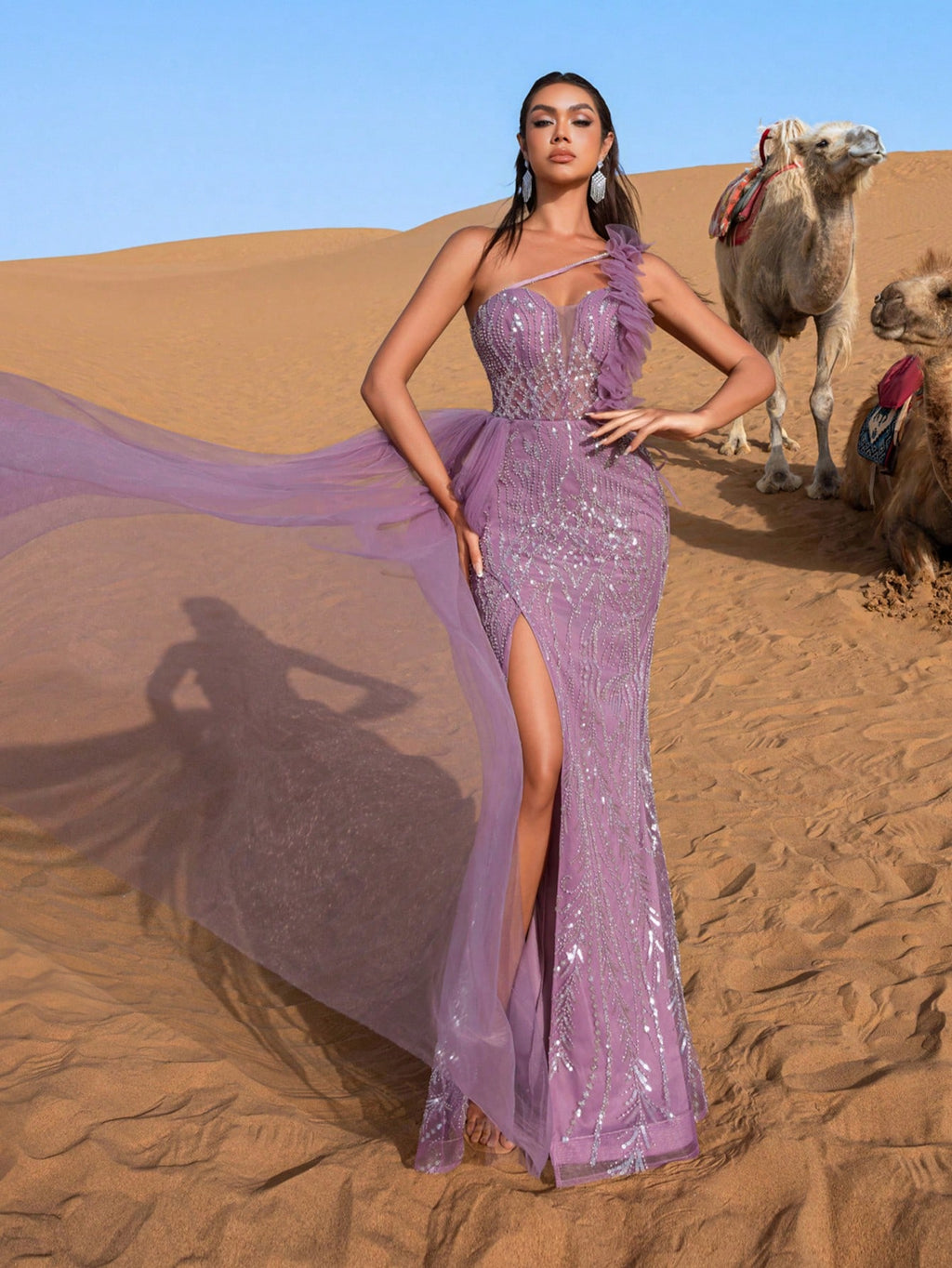 Luxury Beaded Mermaid Evening Gown: Asymmetrical Sheer Mesh Neckline & Flared Hem for Galas & Formal Events