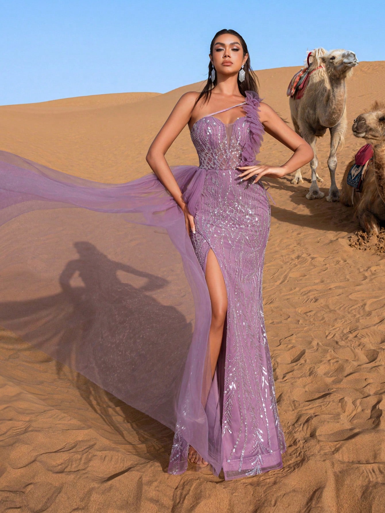Luxury Beaded Mermaid Evening Gown: Asymmetrical Sheer Mesh Neckline & Flared Hem for Galas & Formal Events