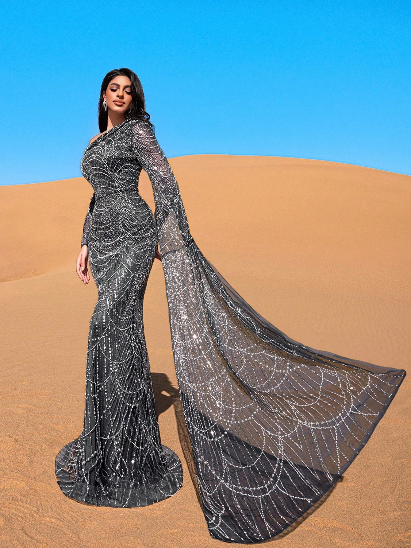 Luxurious One-Shoulder Beaded Sequin Mermaid Gown with Asymmetrical Sleeves