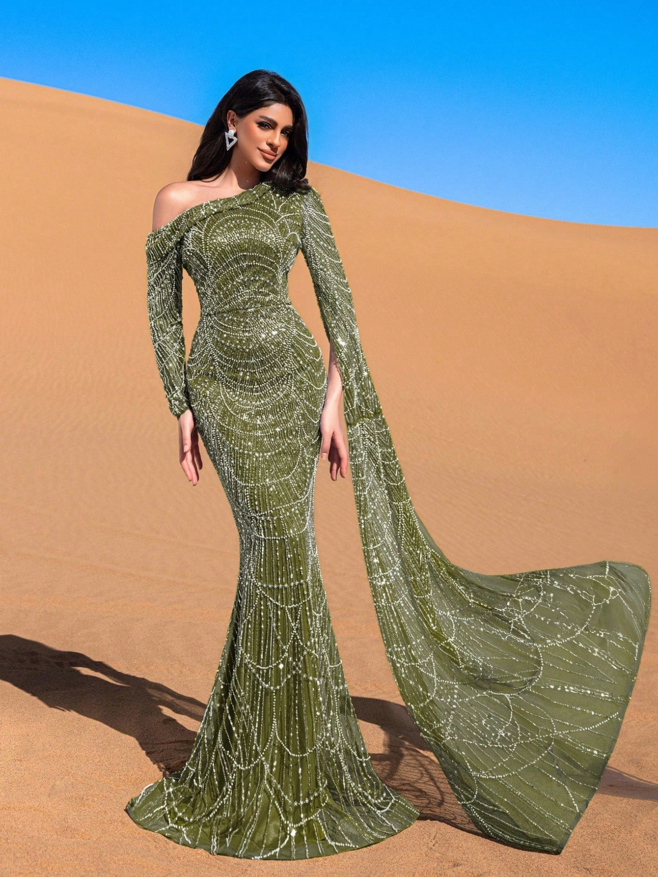 Luxurious One-Shoulder Beaded Sequin Mermaid Gown with Asymmetrical Sleeves