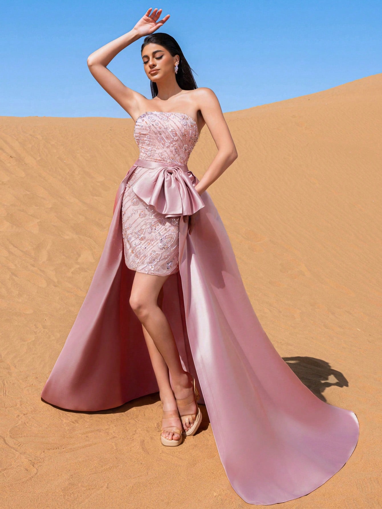 Gorgeous Strapless Bow Detail Beaded Prom Dress With Satin Train