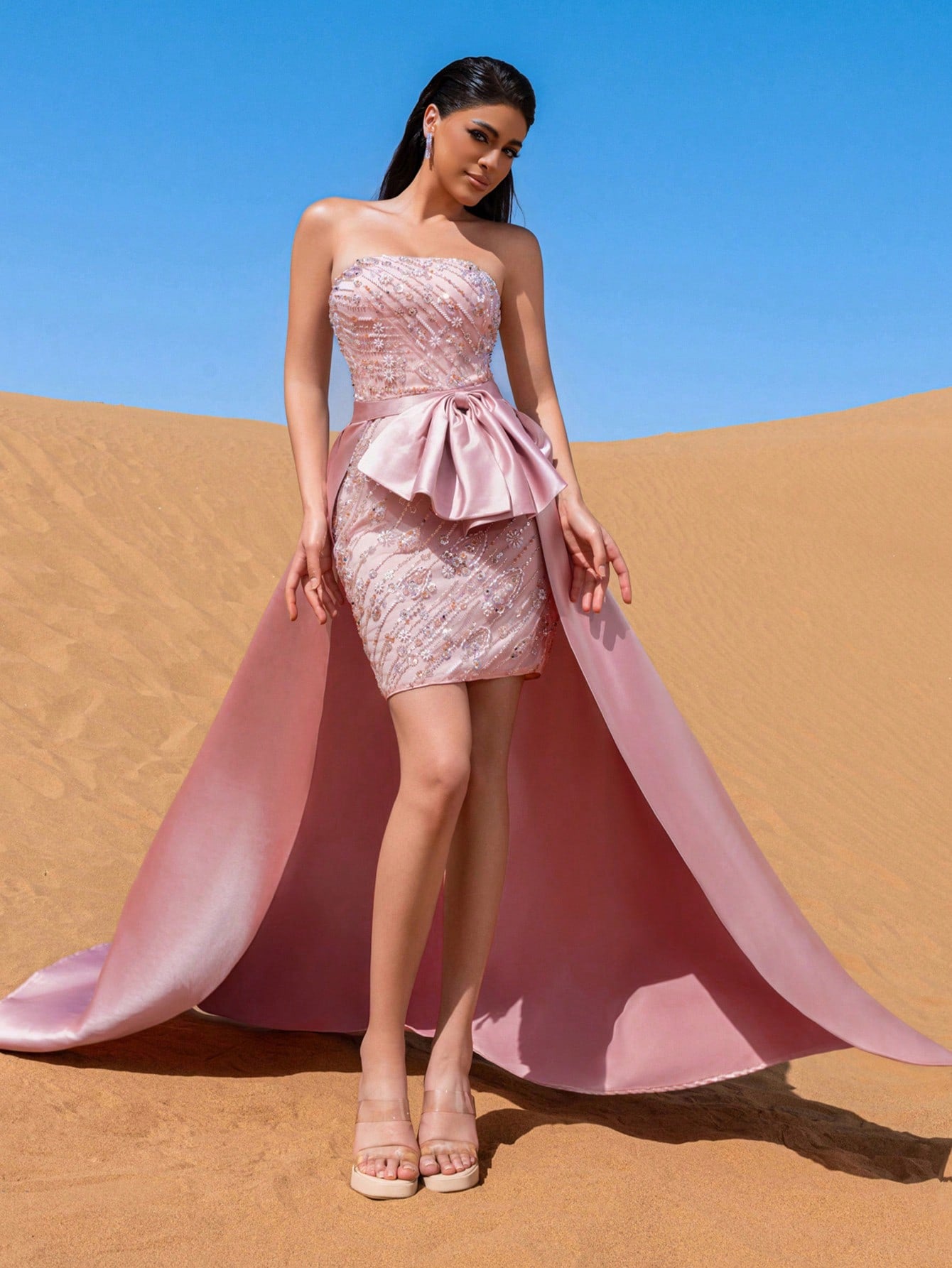 Gorgeous Strapless Bow Detail Beaded Prom Dress With Satin Train