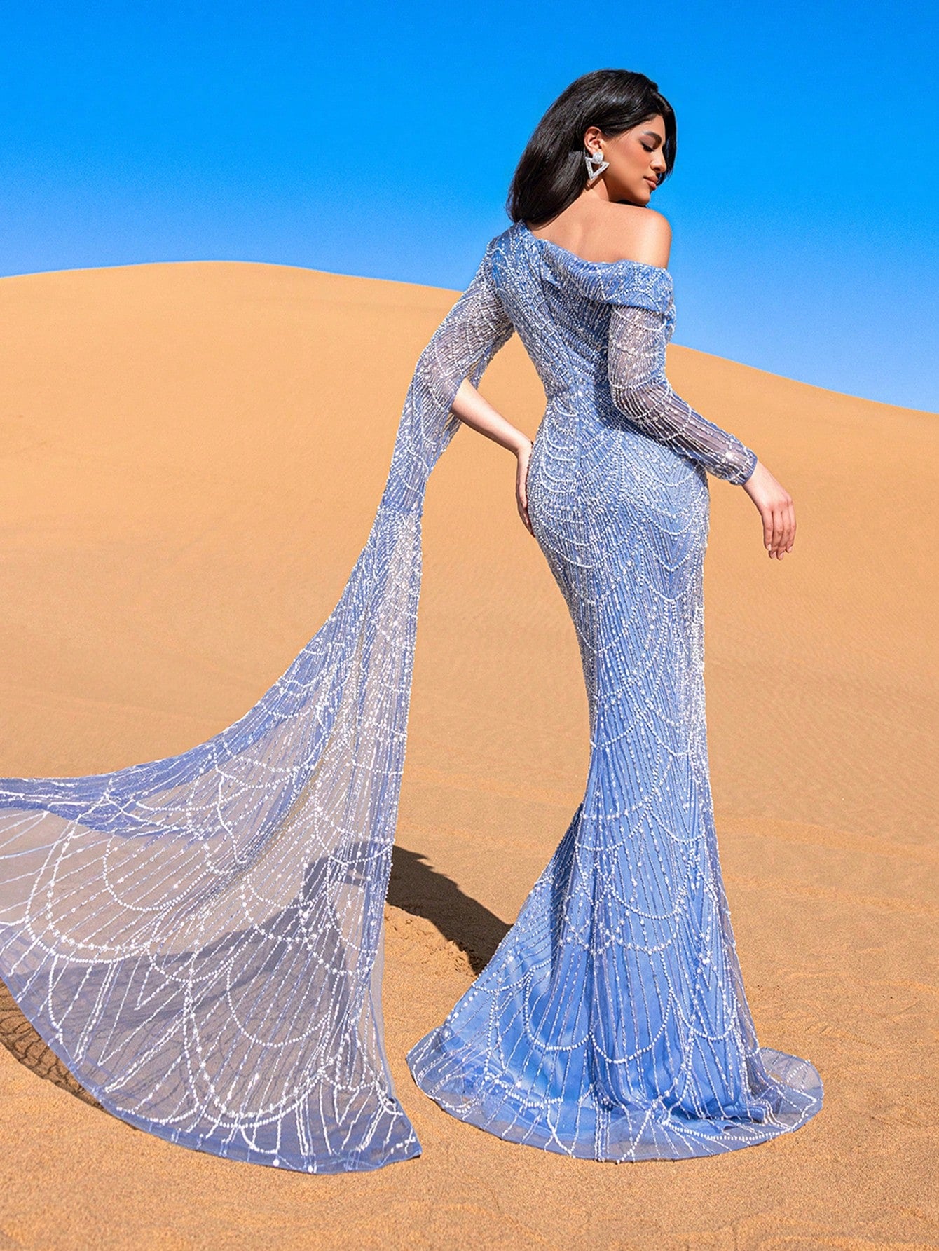 Luxurious One-Shoulder Beaded Sequin Mermaid Gown with Asymmetrical Sleeves