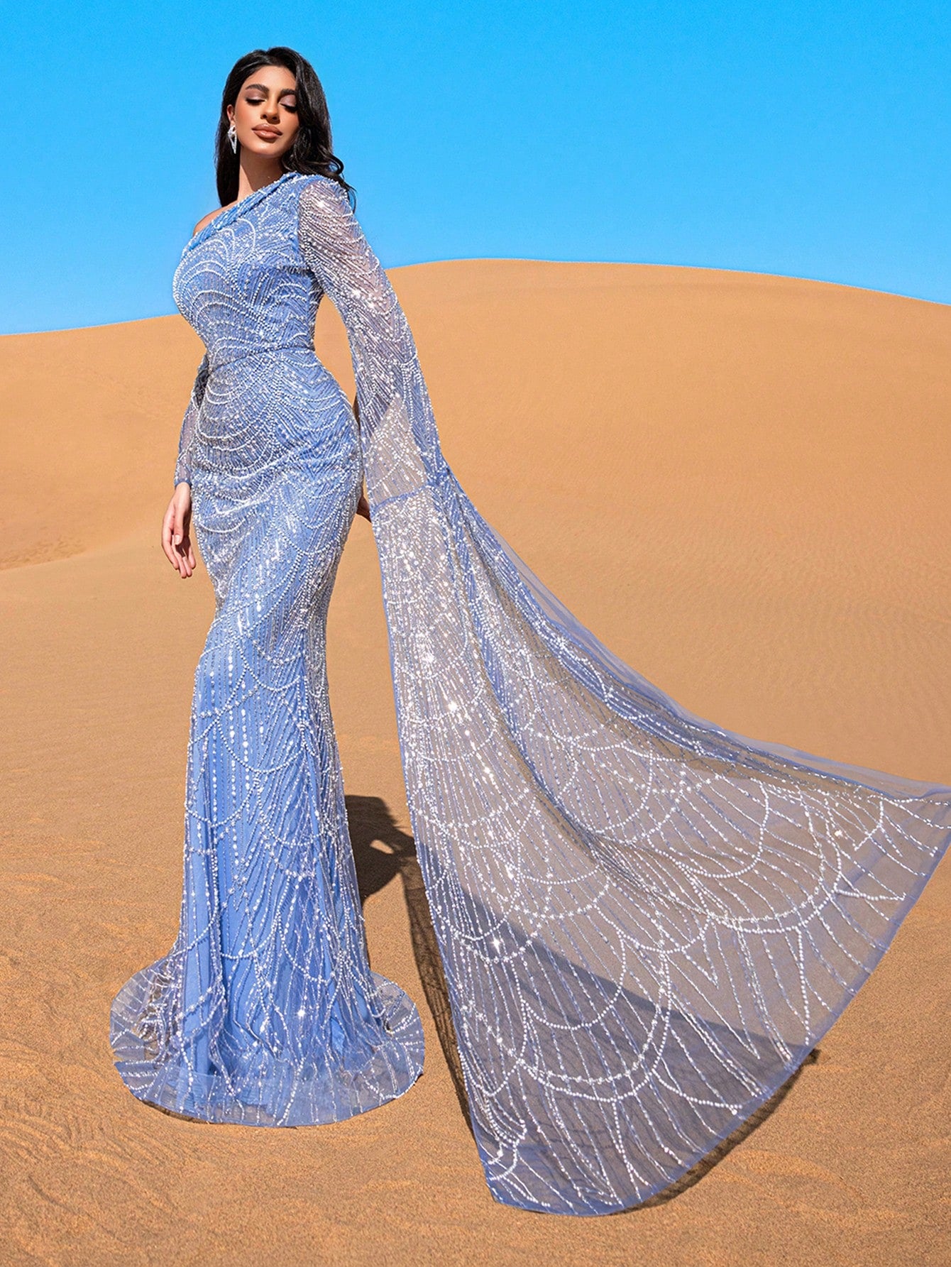 Luxurious One-Shoulder Beaded Sequin Mermaid Gown with Asymmetrical Sleeves