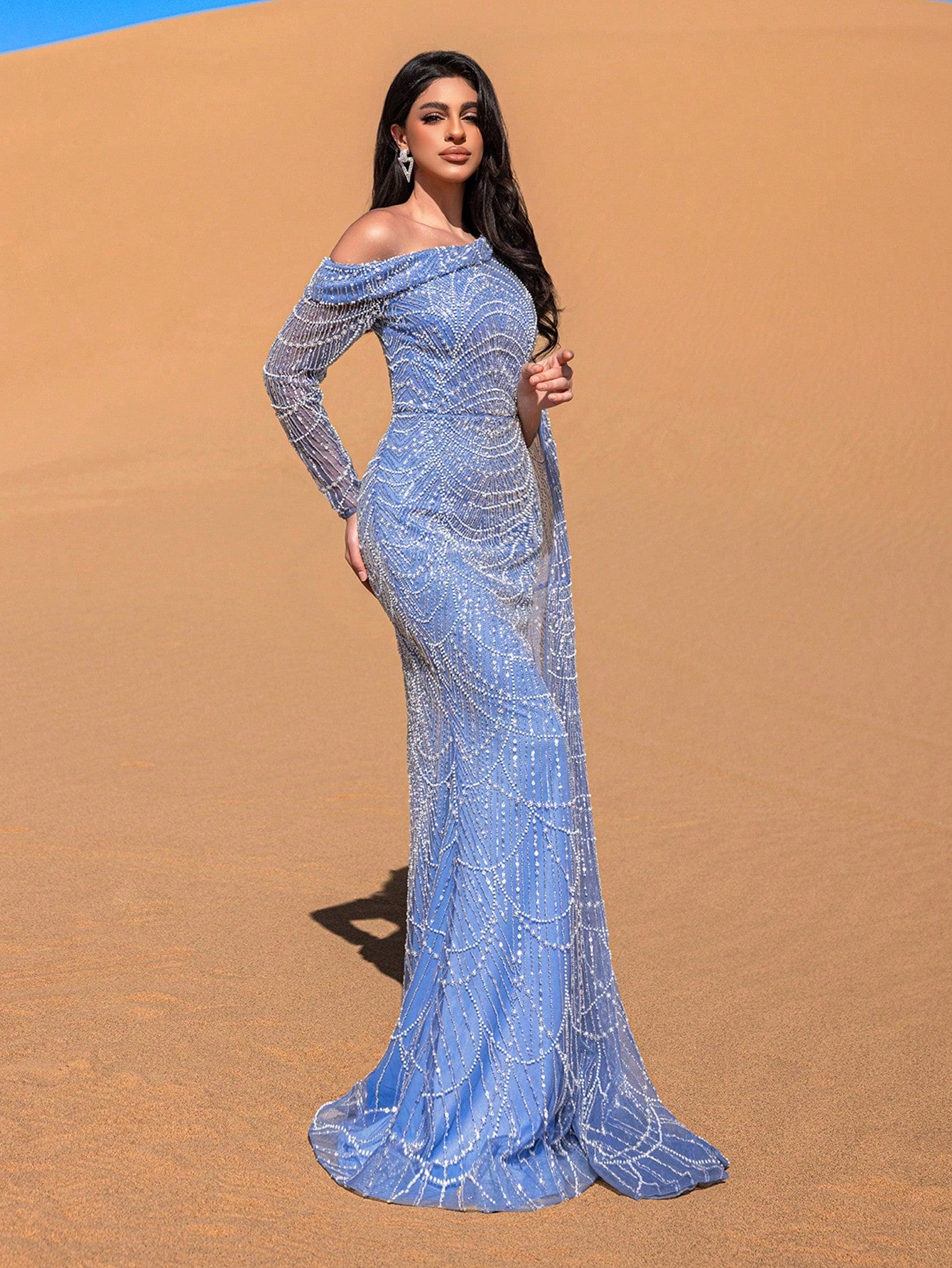 Luxurious One-Shoulder Beaded Sequin Mermaid Gown with Asymmetrical Sleeves