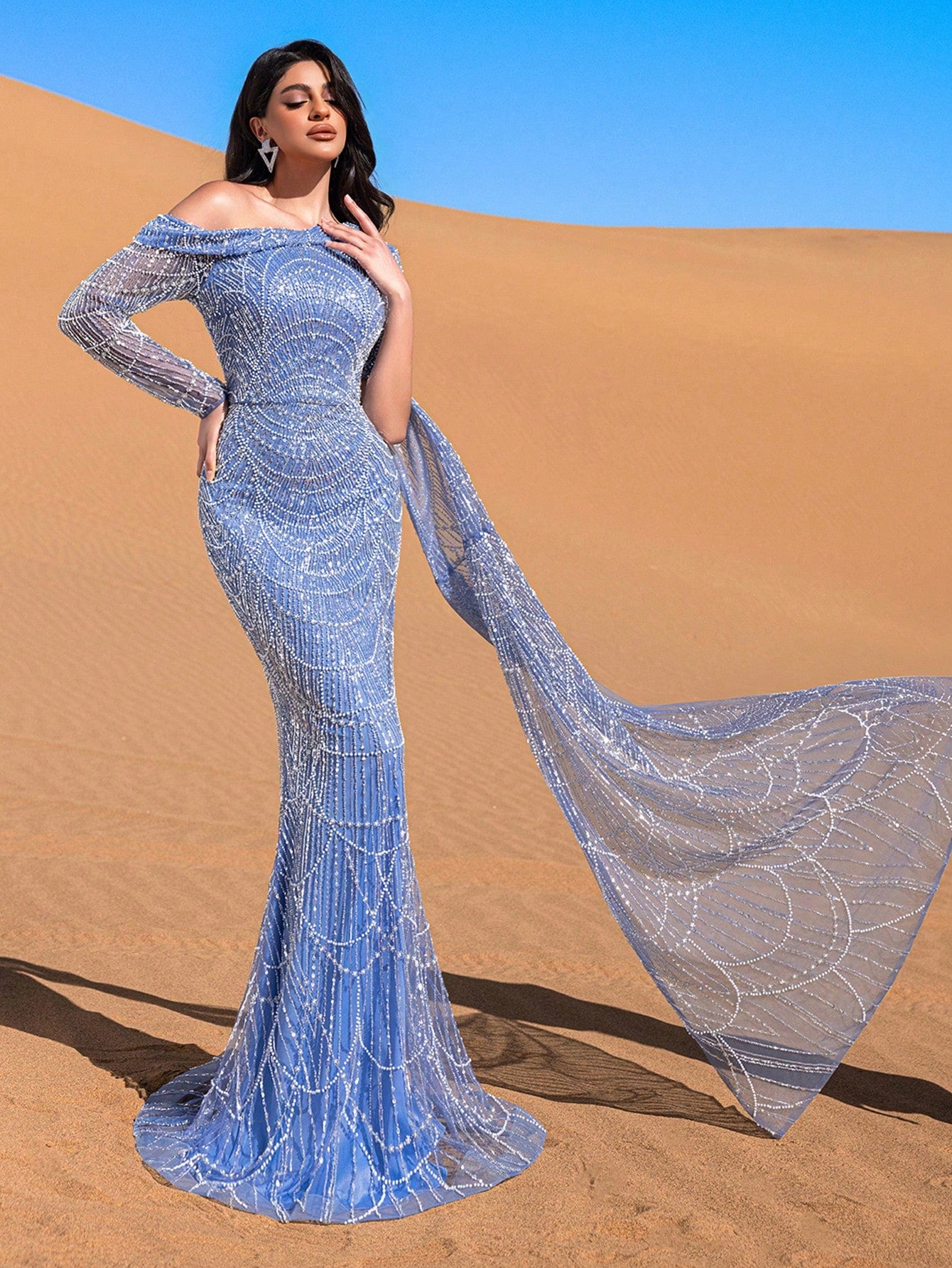 Luxurious One-Shoulder Beaded Sequin Mermaid Gown with Asymmetrical Sleeves