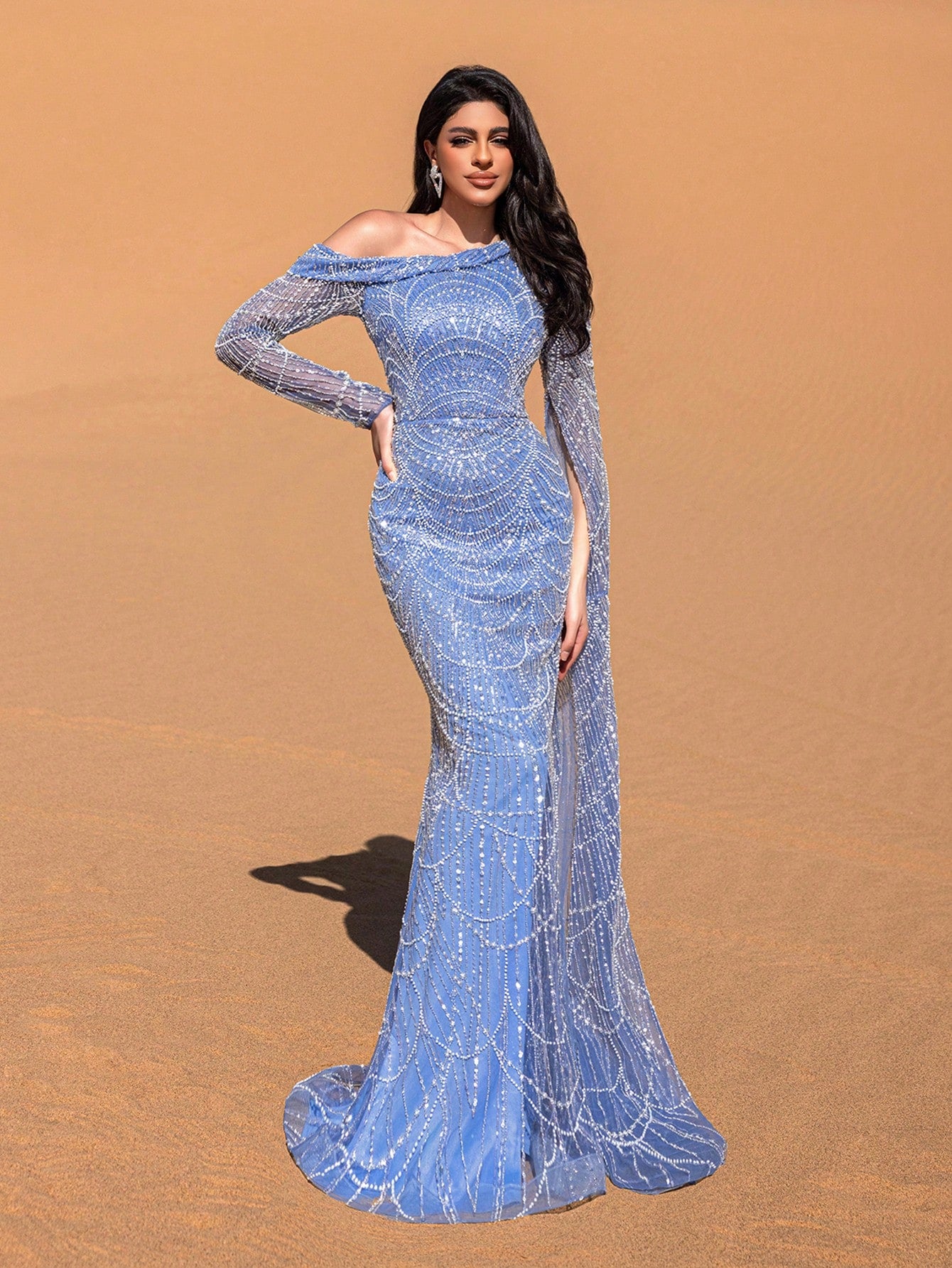 Luxurious One-Shoulder Beaded Sequin Mermaid Gown with Asymmetrical Sleeves