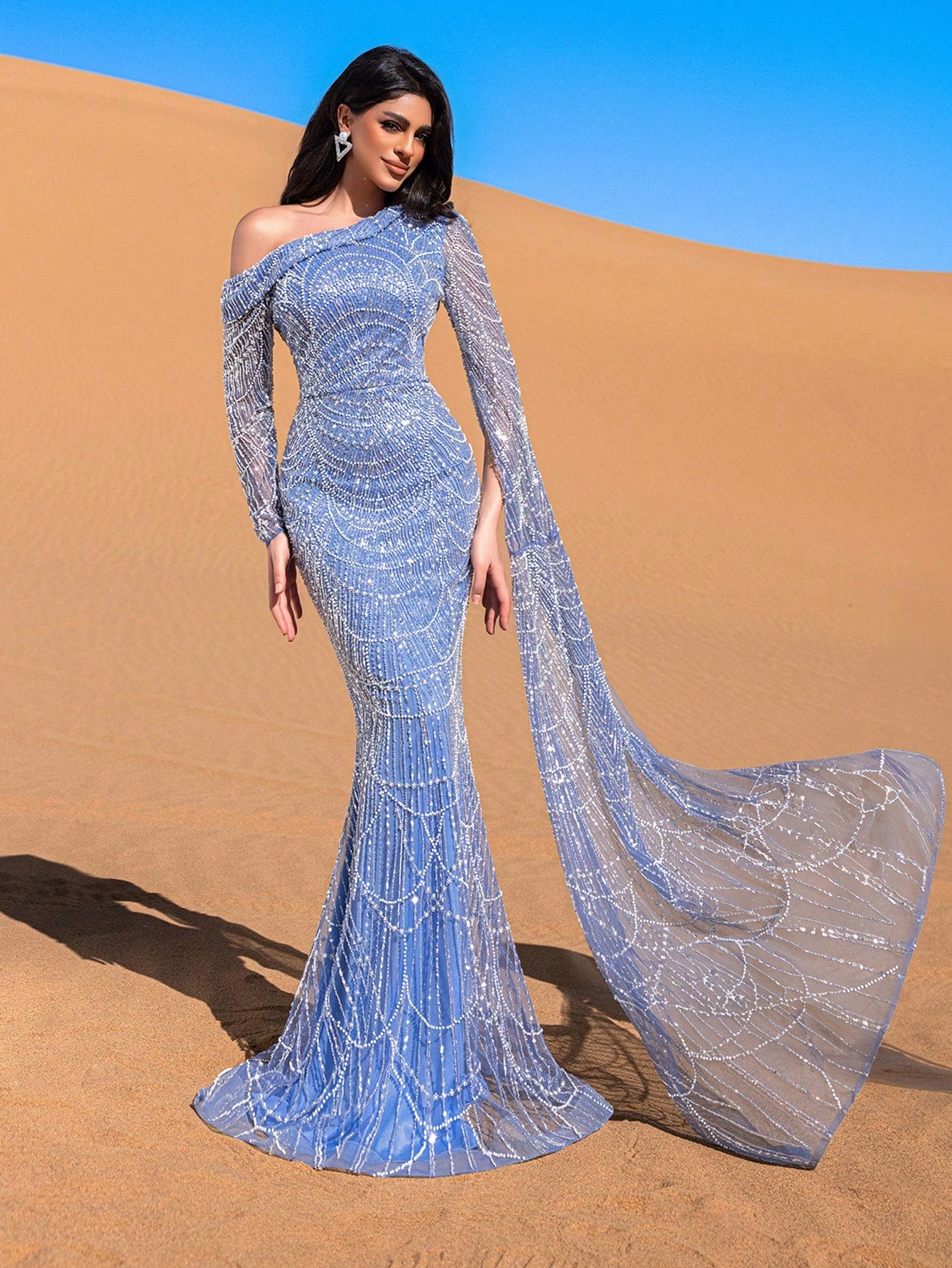 Luxurious One-Shoulder Beaded Sequin Mermaid Gown with Asymmetrical Sleeves