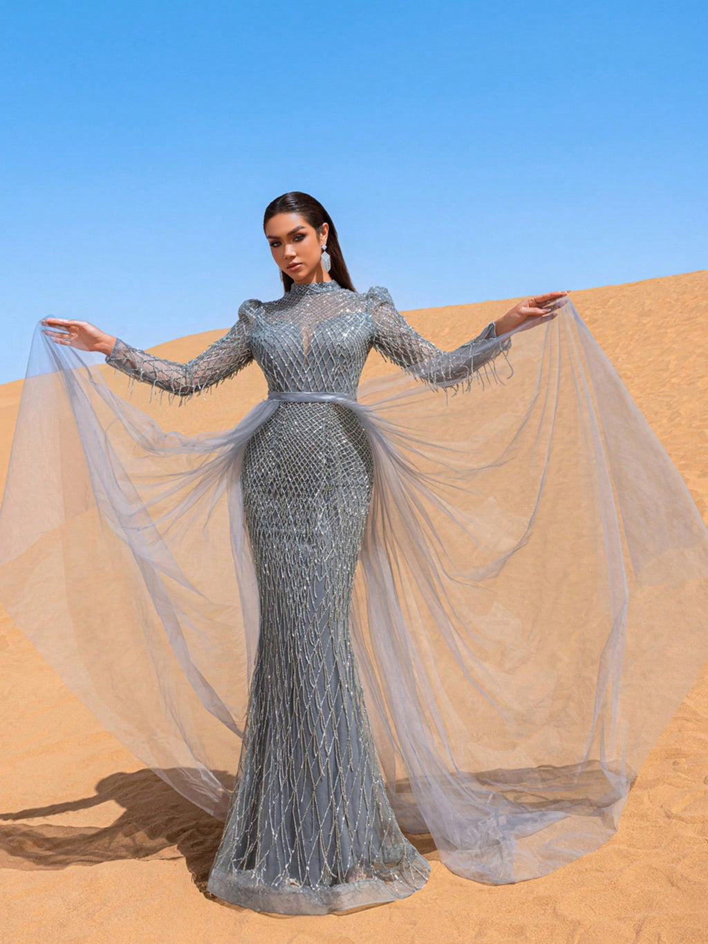 Gorgeous Fringed Detail Mock Neck Mesh Overlay Beaded Formal Dresses & Evening Gowns