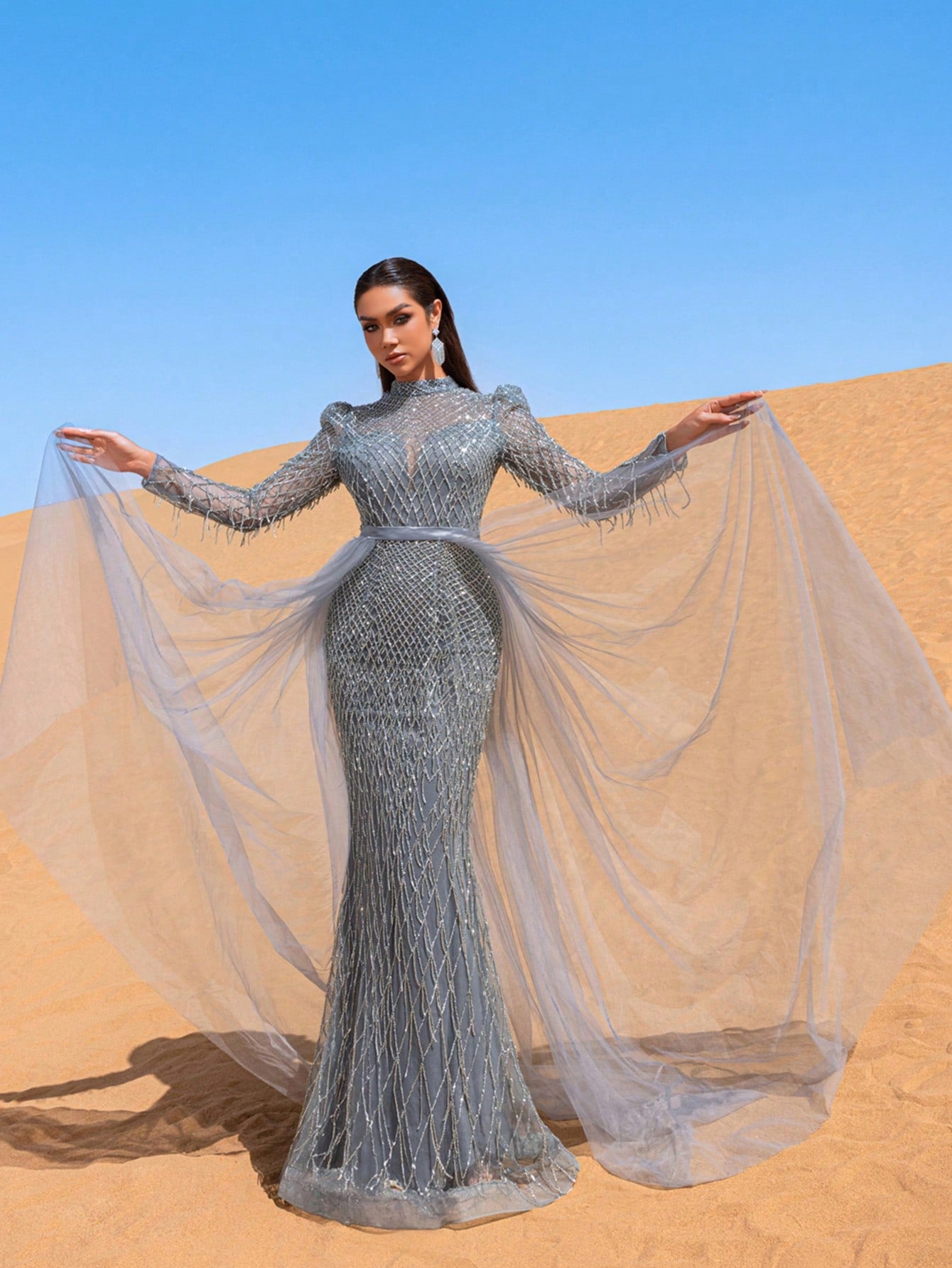 Gorgeous Fringed Detail Mock Neck Mesh Overlay Beaded Formal Dresses & Evening Gowns