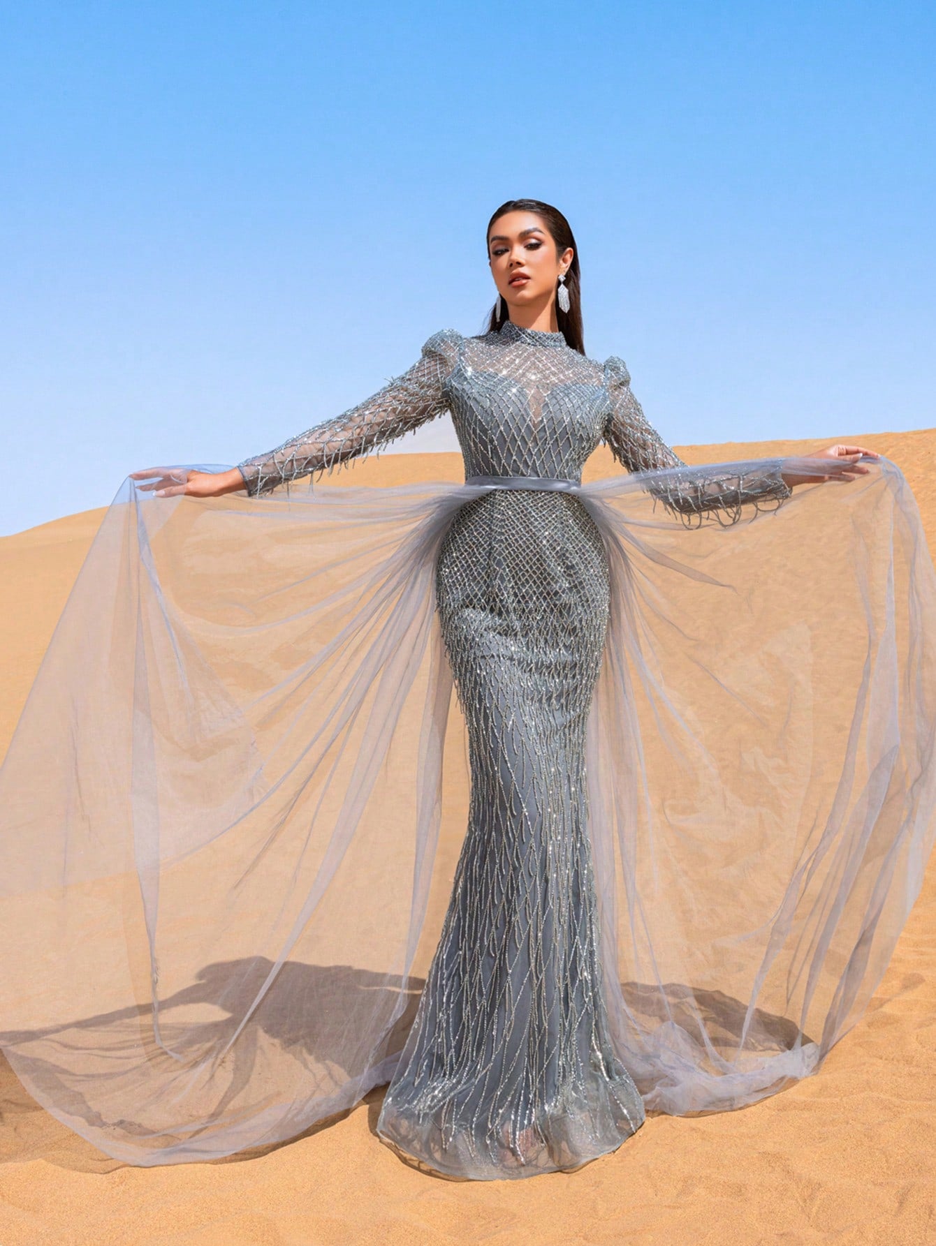 Gorgeous Fringed Detail Mock Neck Mesh Overlay Beaded Formal Dresses & Evening Gowns