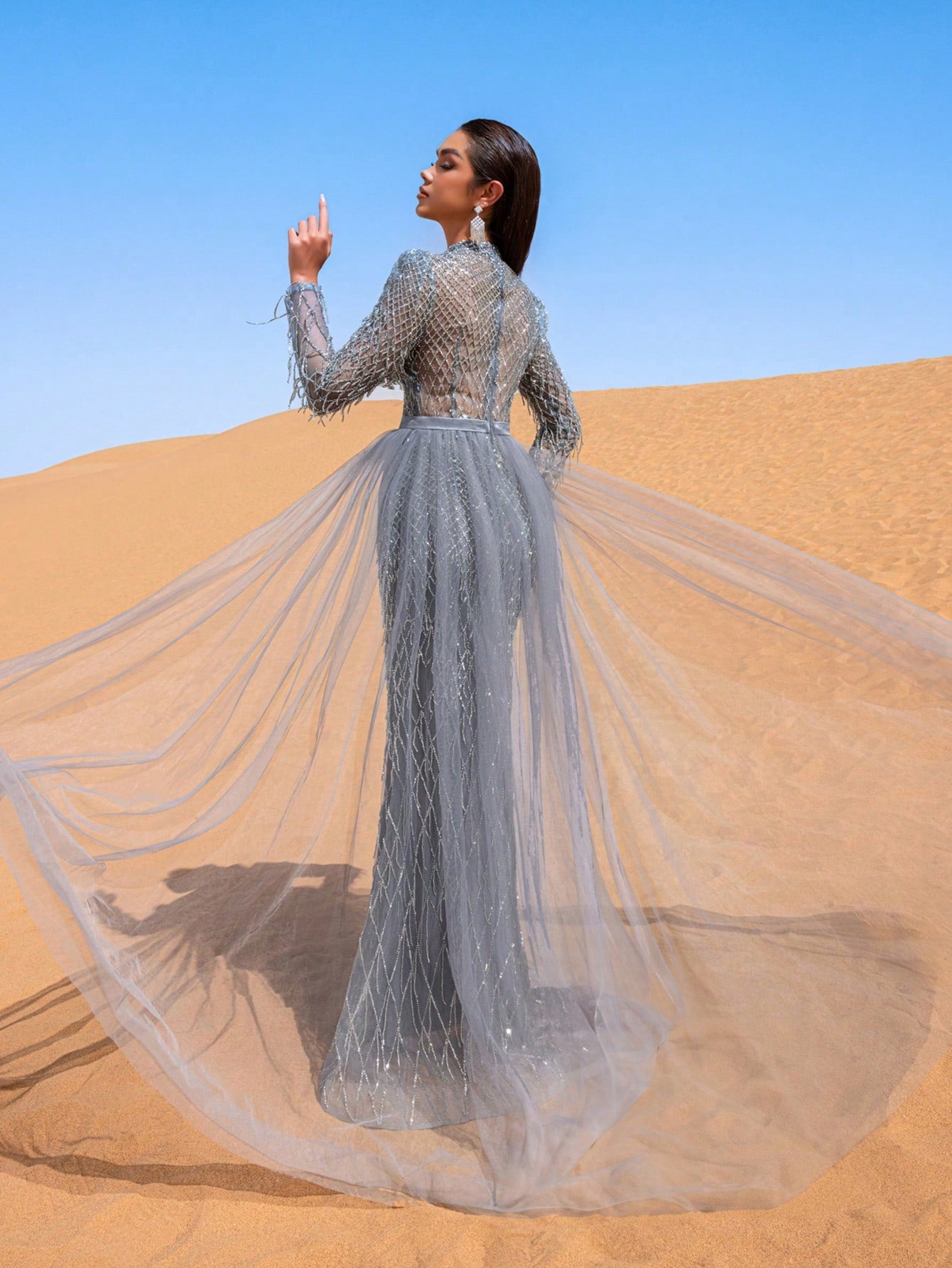 Gorgeous Fringed Detail Mock Neck Mesh Overlay Beaded Formal Dresses & Evening Gowns