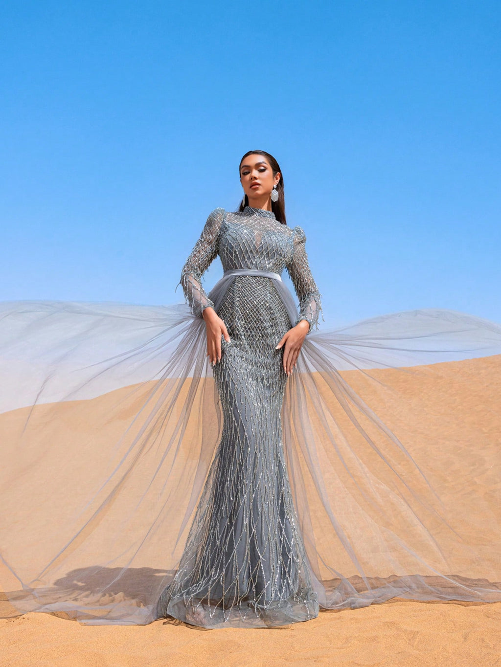 Gorgeous Fringed Detail Mock Neck Mesh Overlay Beaded Formal Dresses & Evening Gowns