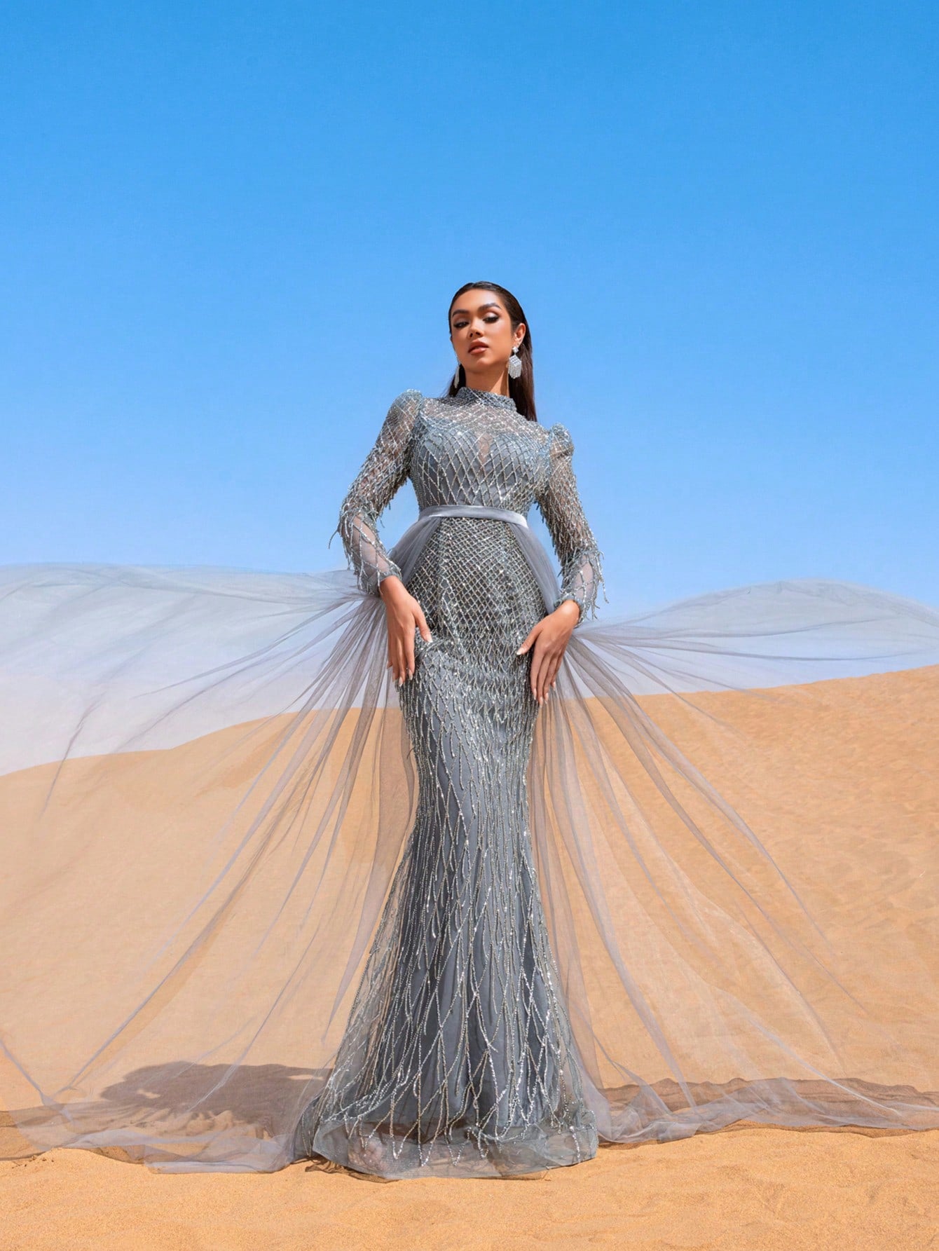 Gorgeous Fringed Detail Mock Neck Mesh Overlay Beaded Formal Dresses & Evening Gowns