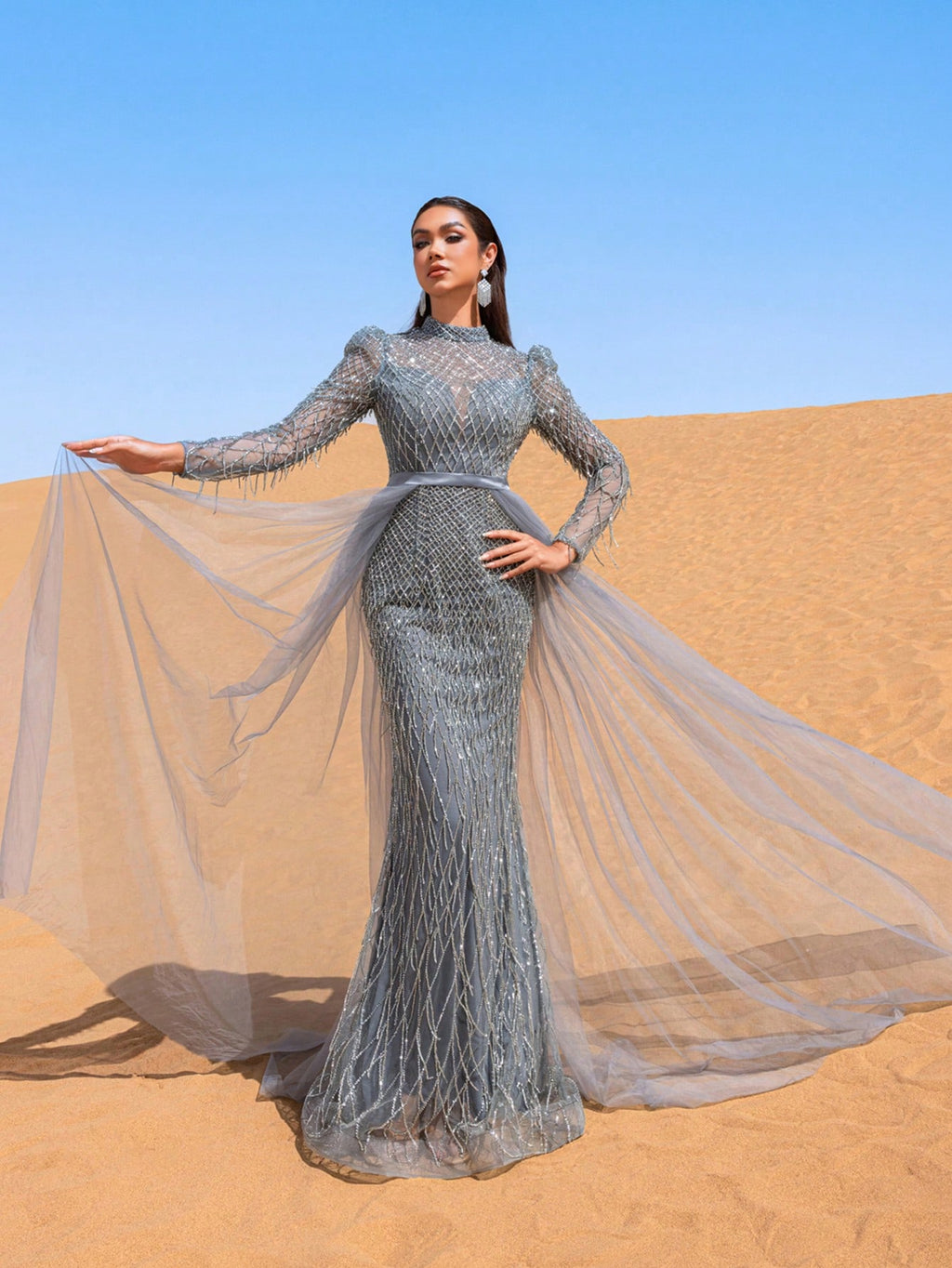 Gorgeous Fringed Detail Mock Neck Mesh Overlay Beaded Formal Dresses & Evening Gowns