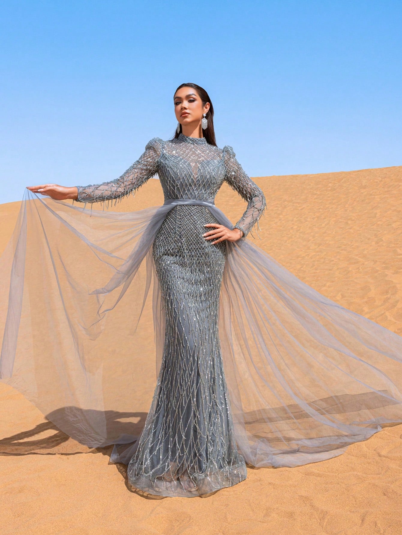 Gorgeous Fringed Detail Mock Neck Mesh Overlay Beaded Formal Dresses & Evening Gowns