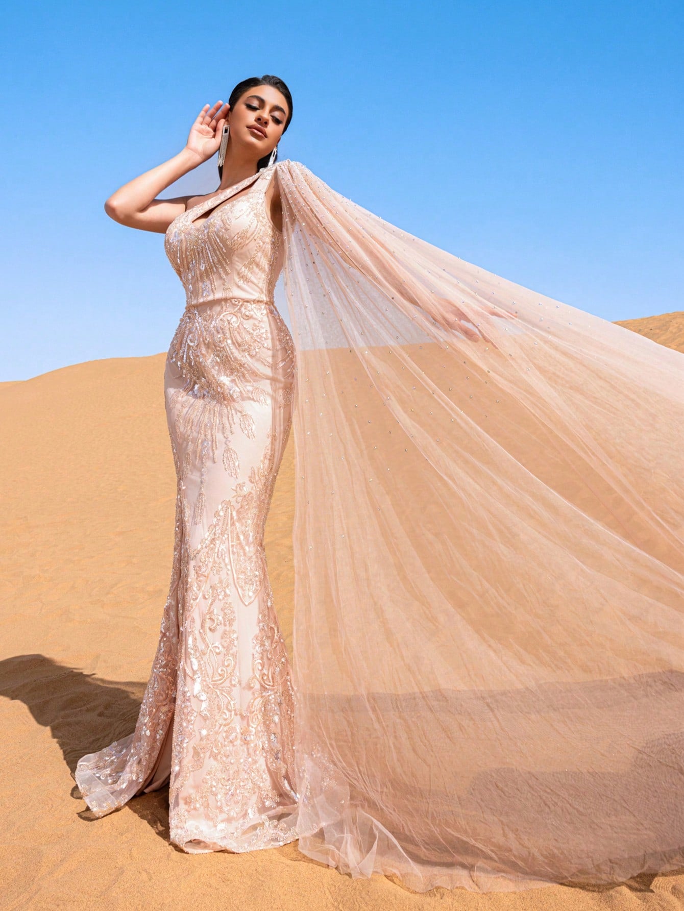 Gorgeous One Shoulder Cape Sleeve Graphic Sequin Beaded Formal Dresses & Evening Gowns