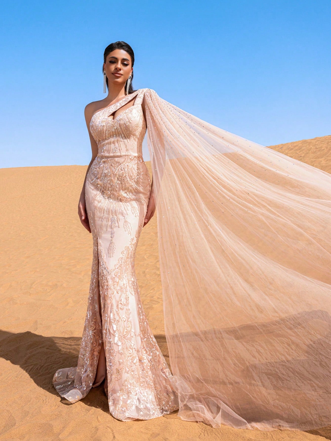 Gorgeous One Shoulder Cape Sleeve Graphic Sequin Beaded Formal Dresses & Evening Gowns