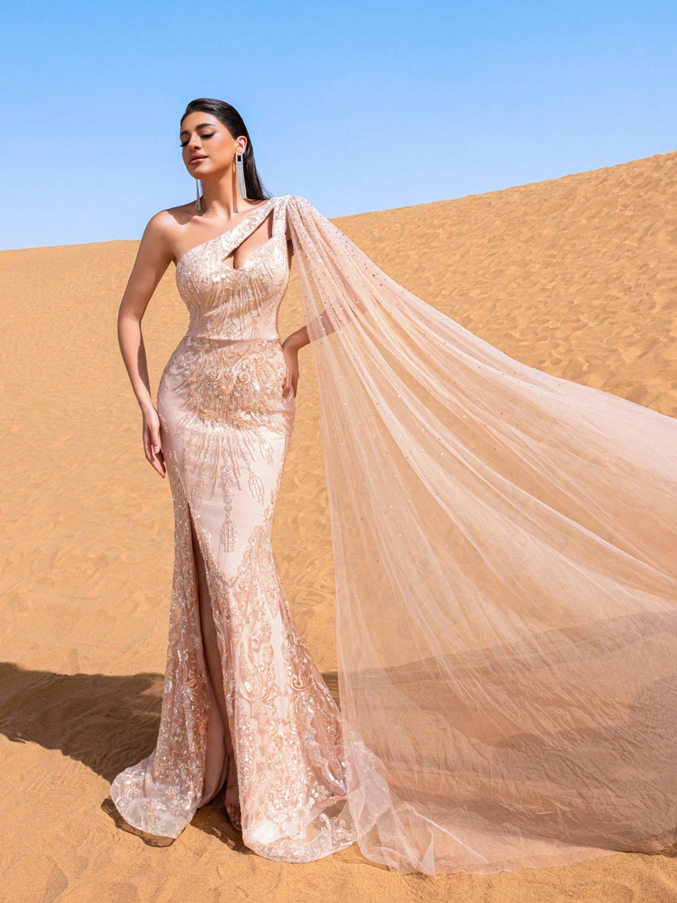 Gorgeous One Shoulder Cape Sleeve Graphic Sequin Beaded Formal Dresses & Evening Gowns
