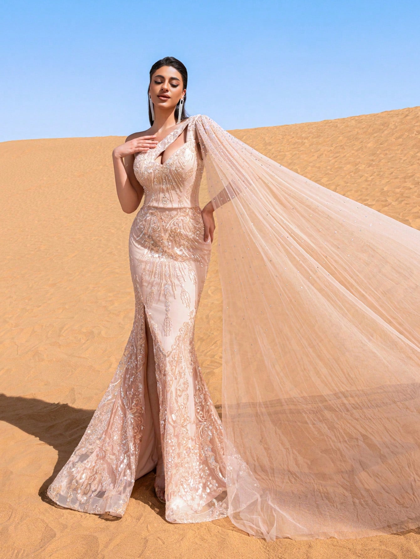 Gorgeous One Shoulder Cape Sleeve Graphic Sequin Beaded Formal Dresses & Evening Gowns