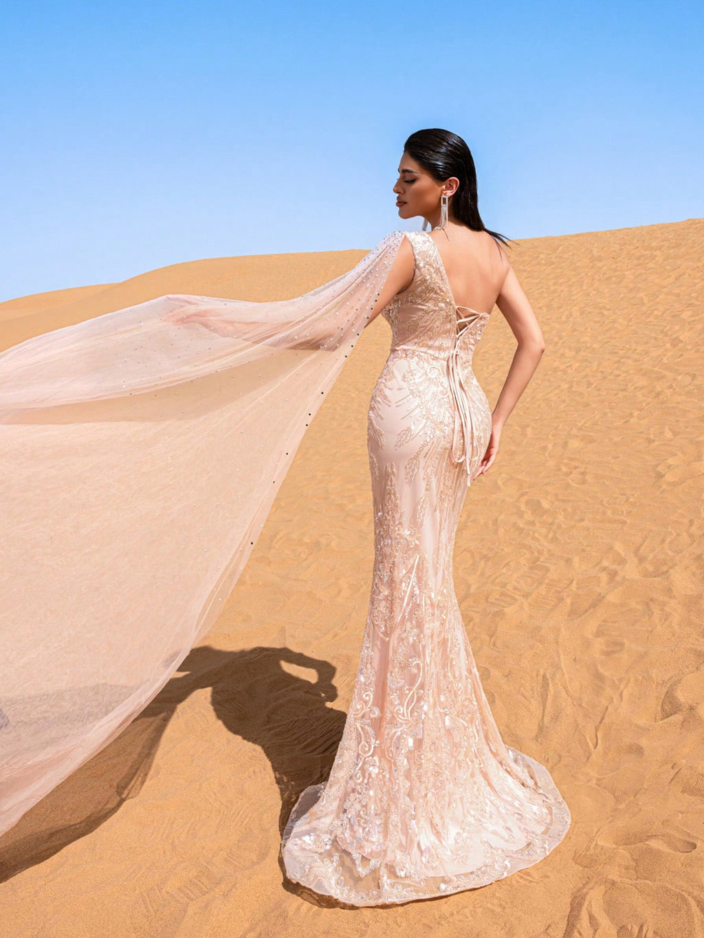 Gorgeous One Shoulder Cape Sleeve Graphic Sequin Beaded Formal Dresses & Evening Gowns