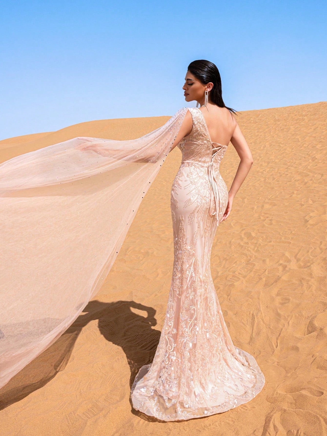 Gorgeous One Shoulder Cape Sleeve Graphic Sequin Beaded Formal Dresses & Evening Gowns