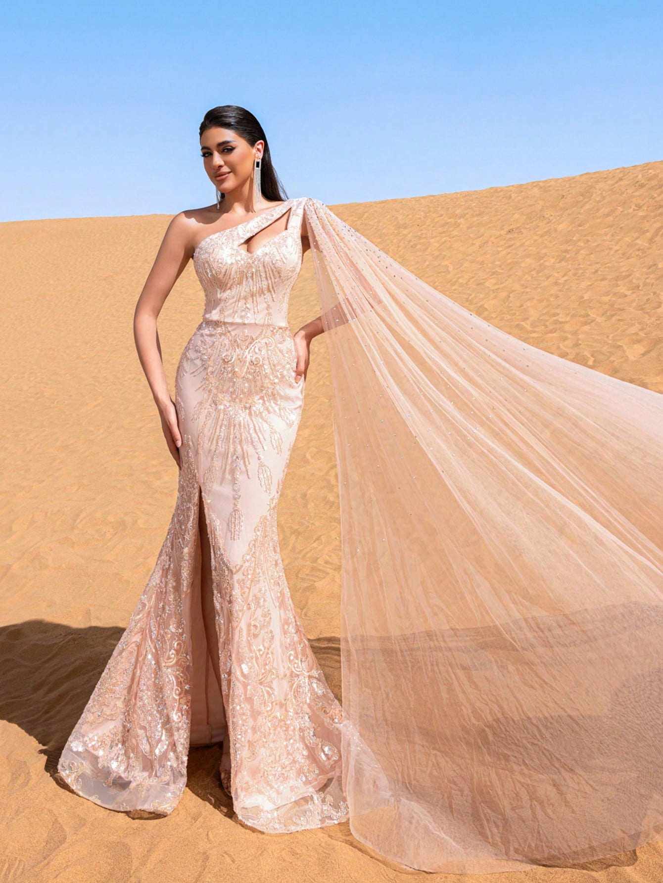 Gorgeous One Shoulder Cape Sleeve Graphic Sequin Beaded Formal Dresses & Evening Gowns