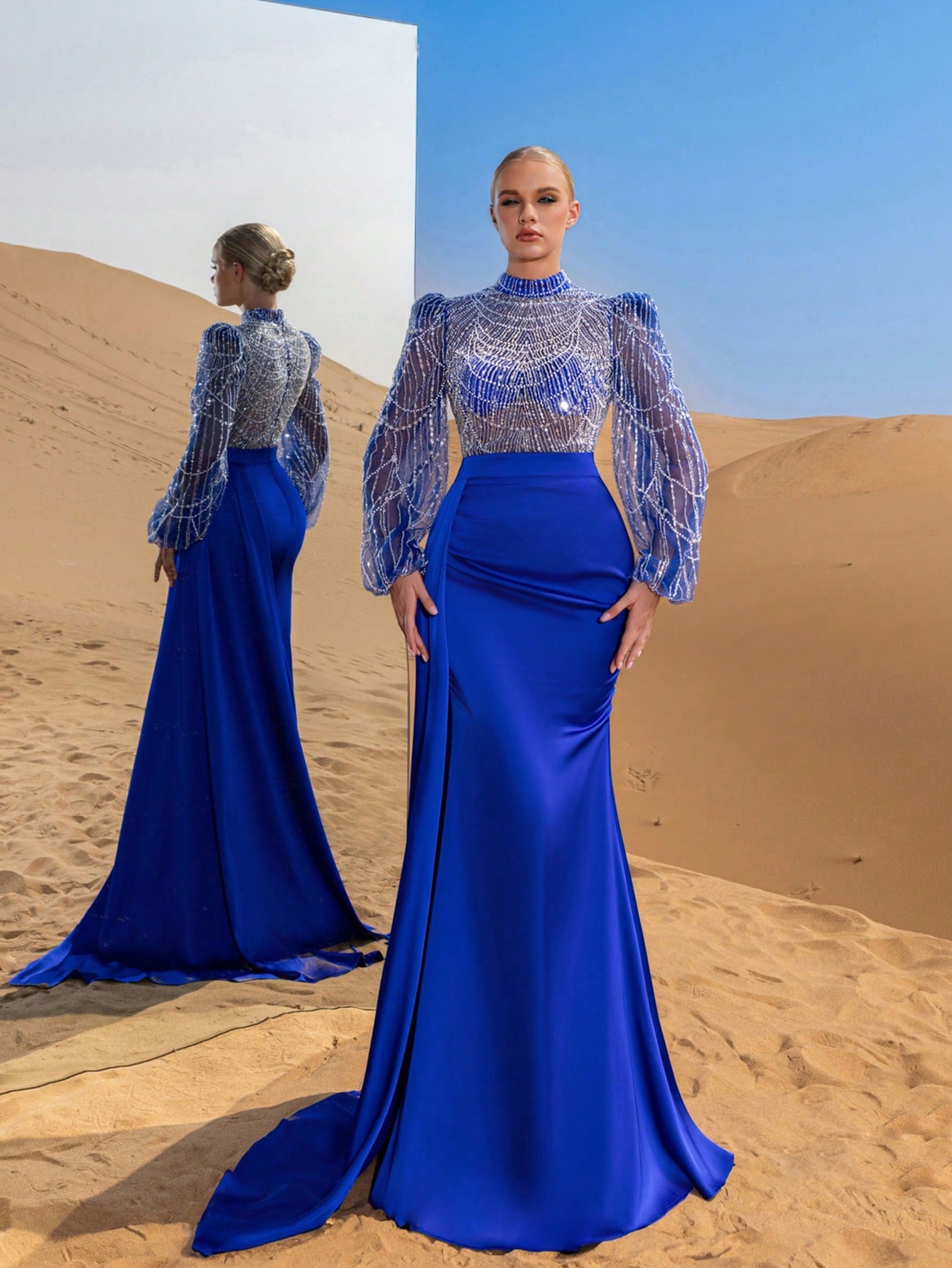 Gorgeous Mock Neck Beaded Bodice Mermaid Hem Formal Dress