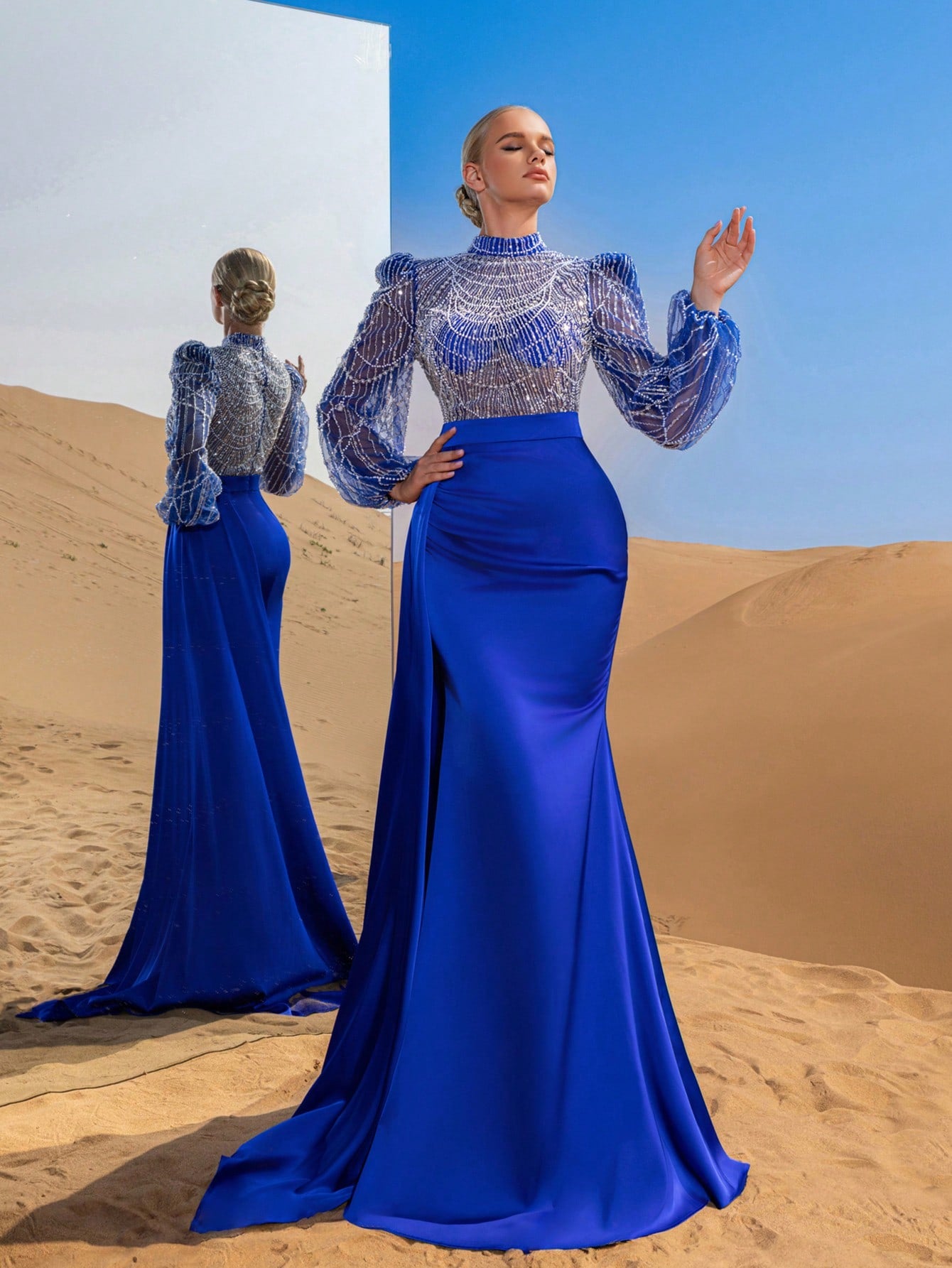 Gorgeous Mock Neck Beaded Bodice Mermaid Hem Formal Dress