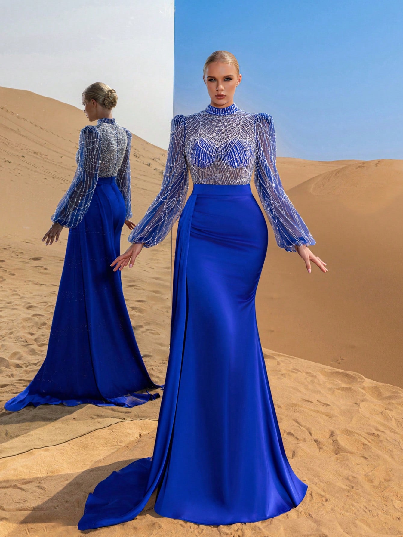 Gorgeous Mock Neck Beaded Bodice Mermaid Hem Formal Dress