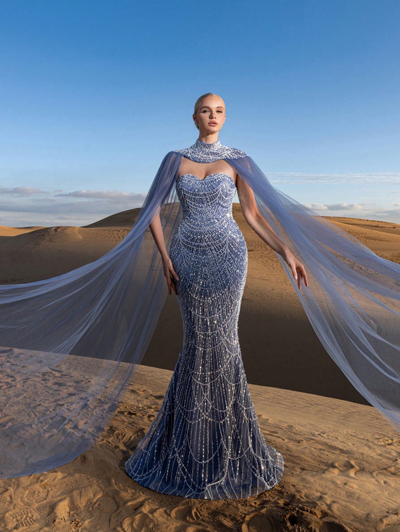 Gorgeous Strapless Mermaid Hem Beaded Formal Dresses & Evening Gowns With Mesh Cape Two-piece Set
