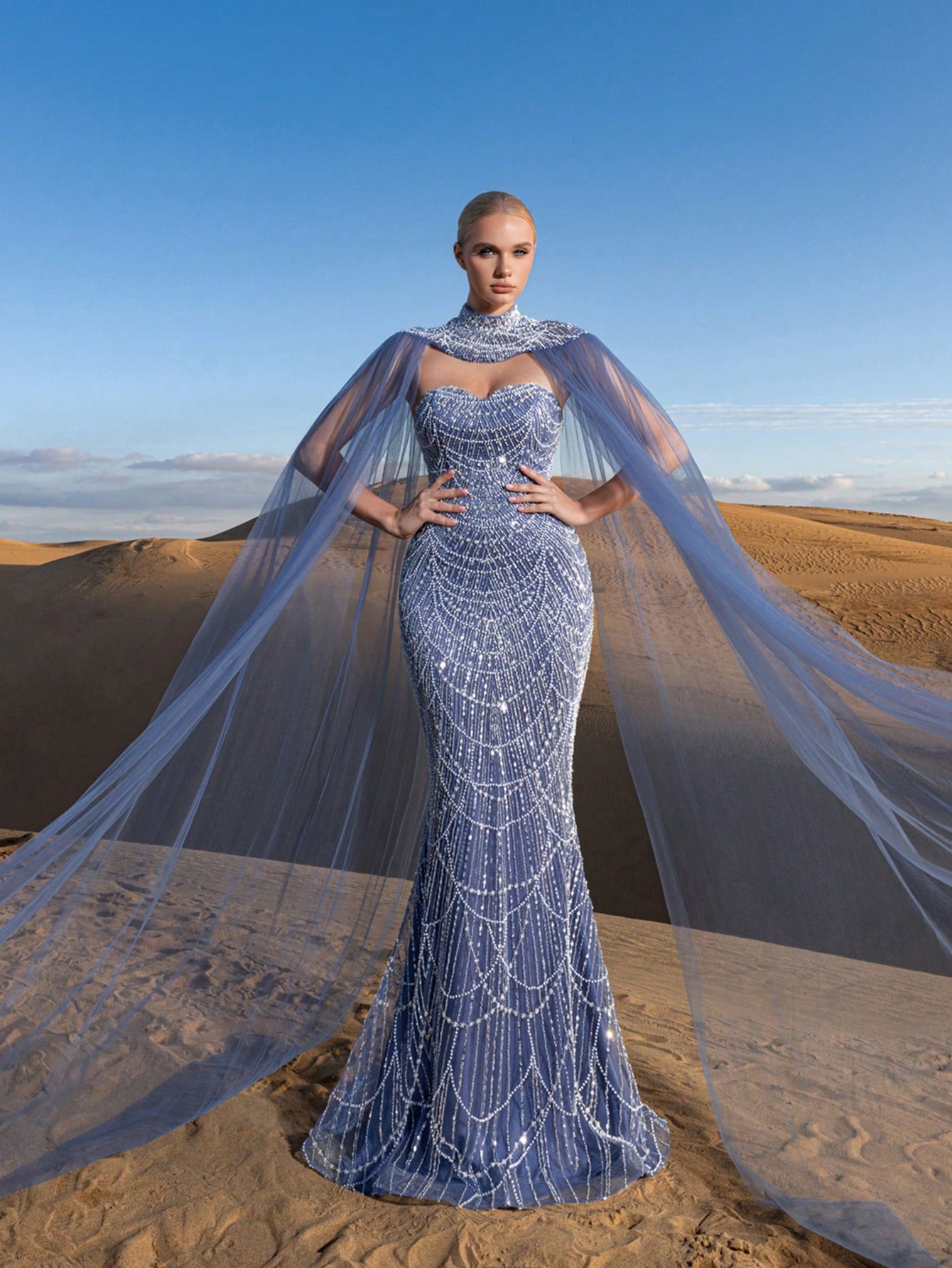 Gorgeous Strapless Mermaid Hem Beaded Formal Dresses & Evening Gowns With Mesh Cape Two-piece Set
