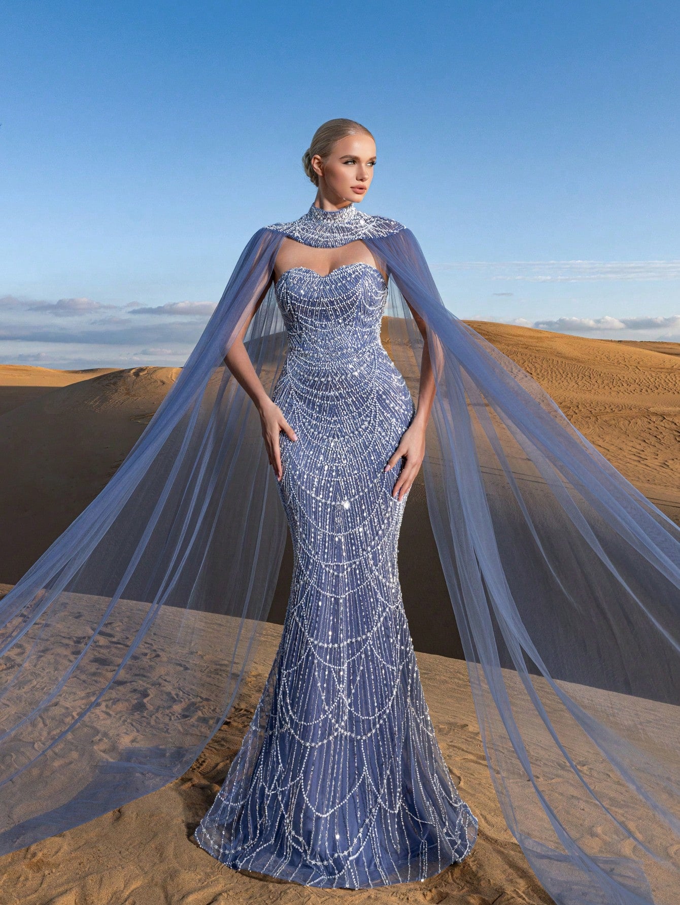 Gorgeous Strapless Mermaid Hem Beaded Formal Dresses & Evening Gowns With Mesh Cape Two-piece Set
