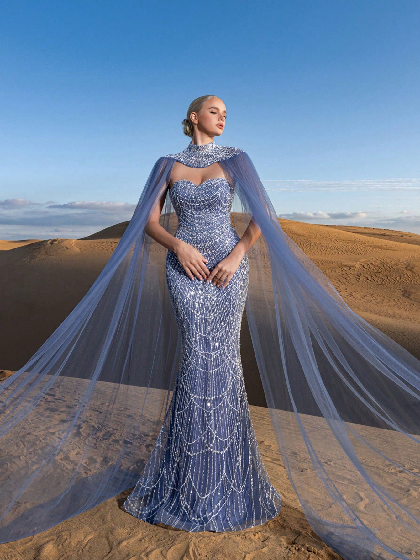 Gorgeous Strapless Mermaid Hem Beaded Formal Dresses & Evening Gowns With Mesh Cape Two-piece Set