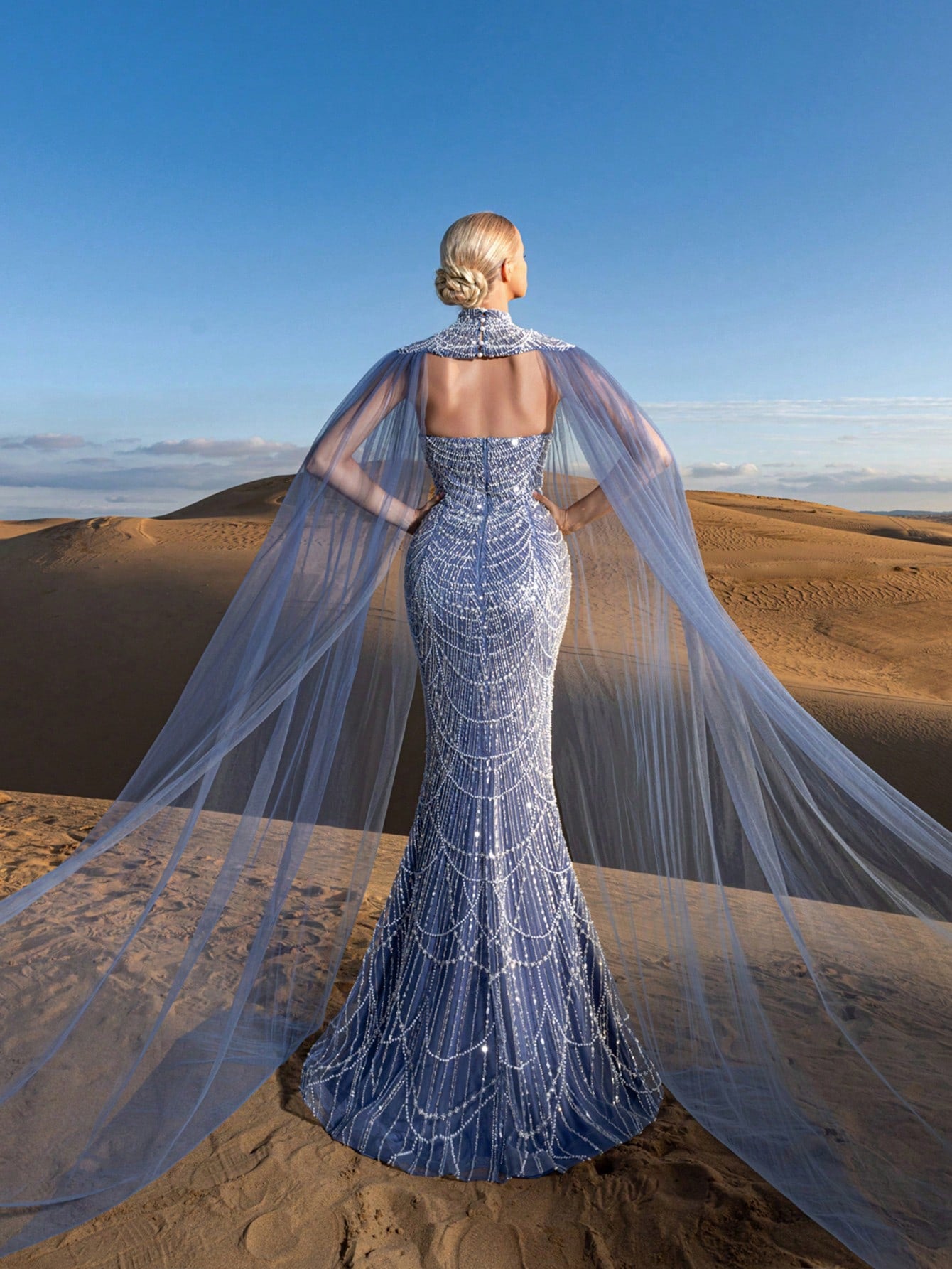 Gorgeous Strapless Mermaid Hem Beaded Formal Dresses & Evening Gowns With Mesh Cape Two-piece Set