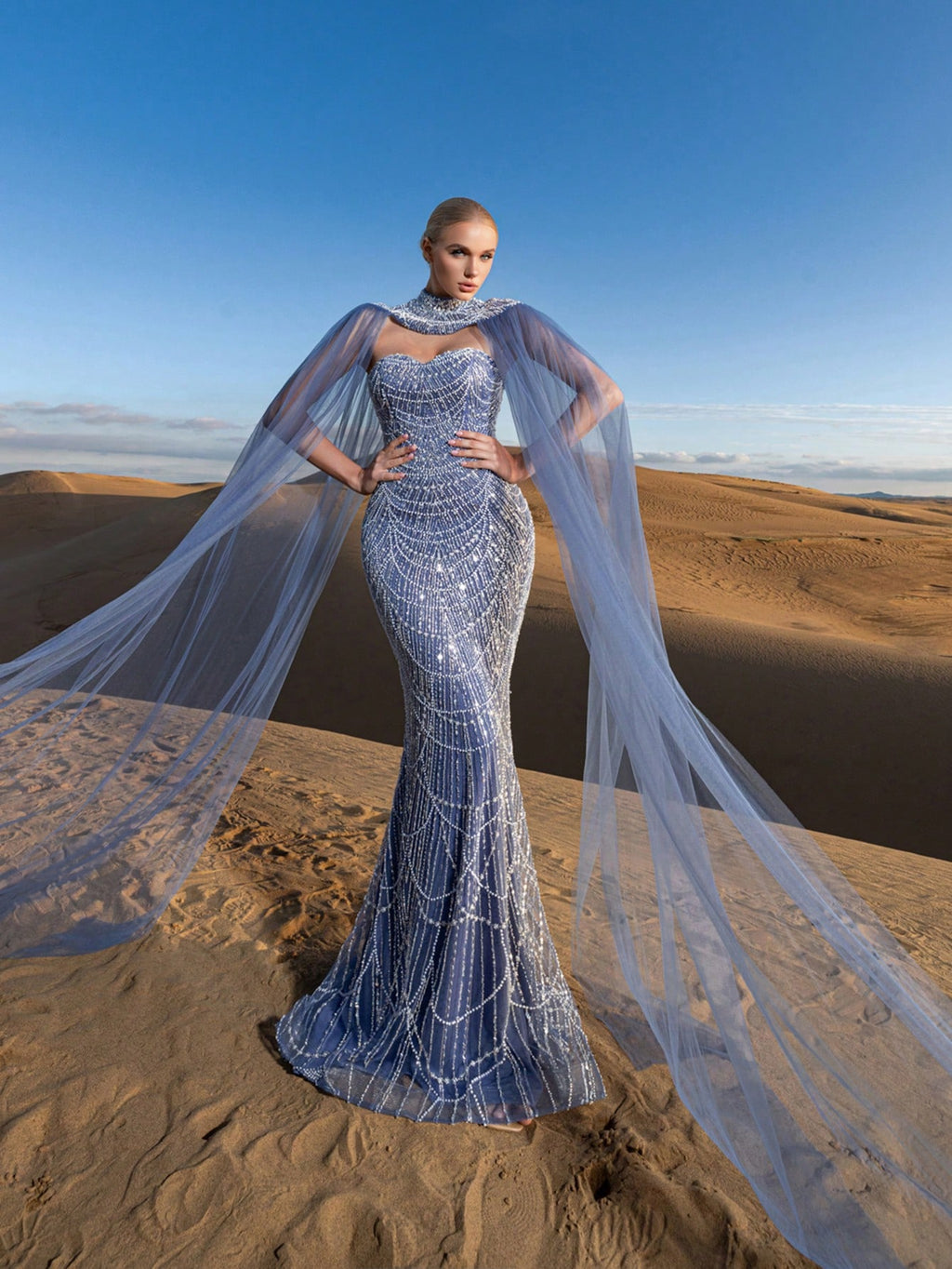 Gorgeous Strapless Mermaid Hem Beaded Formal Dresses & Evening Gowns With Mesh Cape Two-piece Set