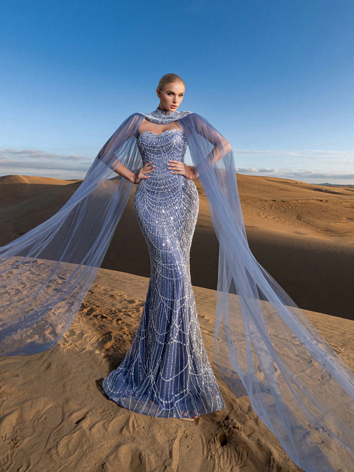 Gorgeous Strapless Mermaid Hem Beaded Formal Dresses & Evening Gowns With Mesh Cape Two-piece Set
