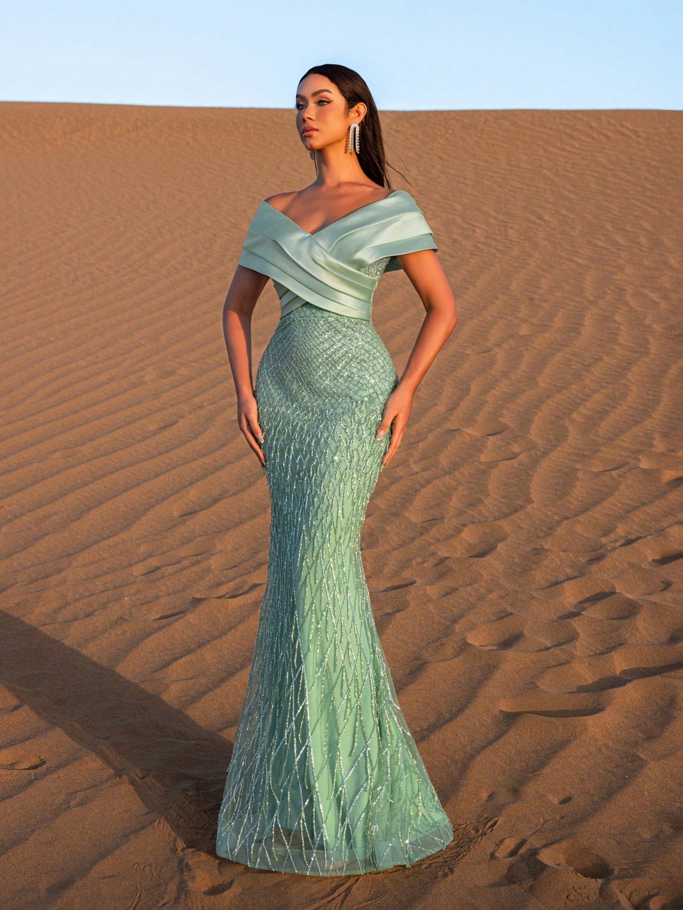 Elegant Off Shoulder Mermaid Hem Beaded Evening Dress