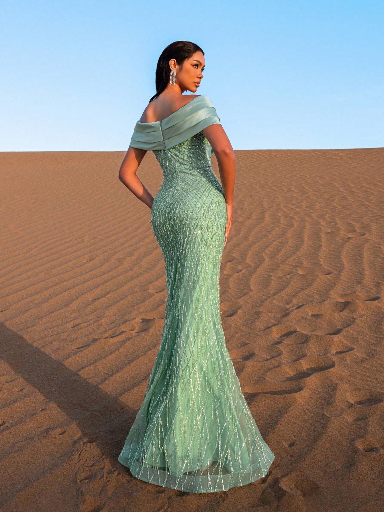 Elegant Off Shoulder Mermaid Hem Beaded Evening Dress
