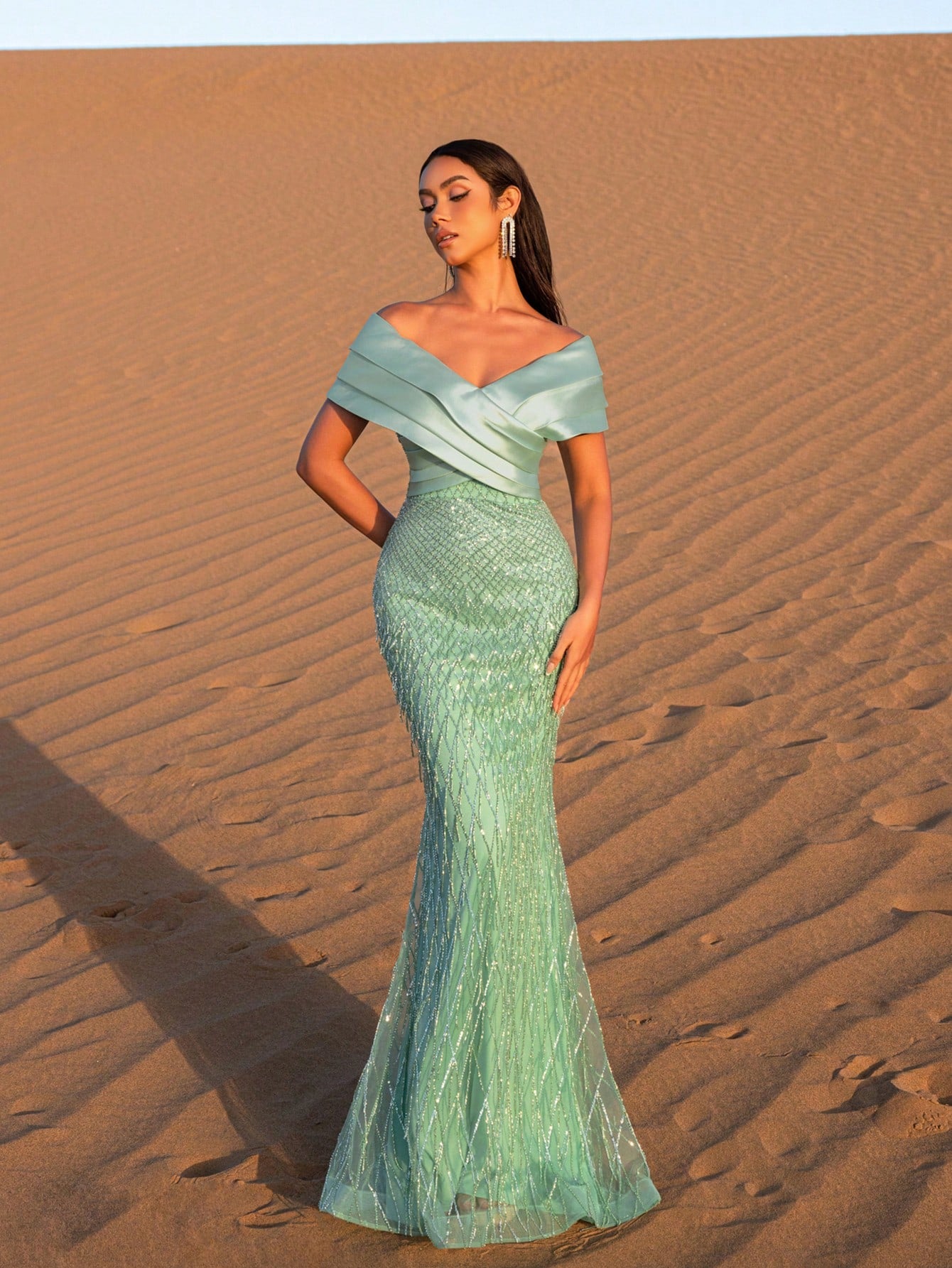 Elegant Off Shoulder Mermaid Hem Beaded Evening Dress