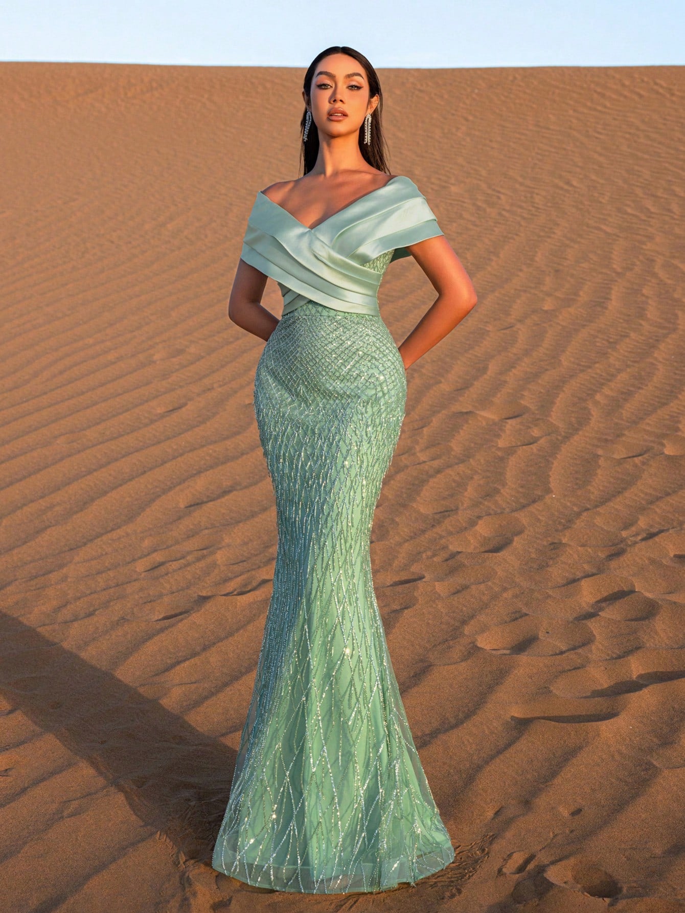 Elegant Off Shoulder Mermaid Hem Beaded Evening Dress
