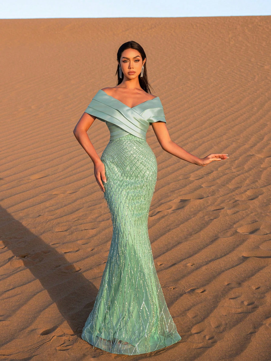 Elegant Off Shoulder Mermaid Hem Beaded Evening Dress
