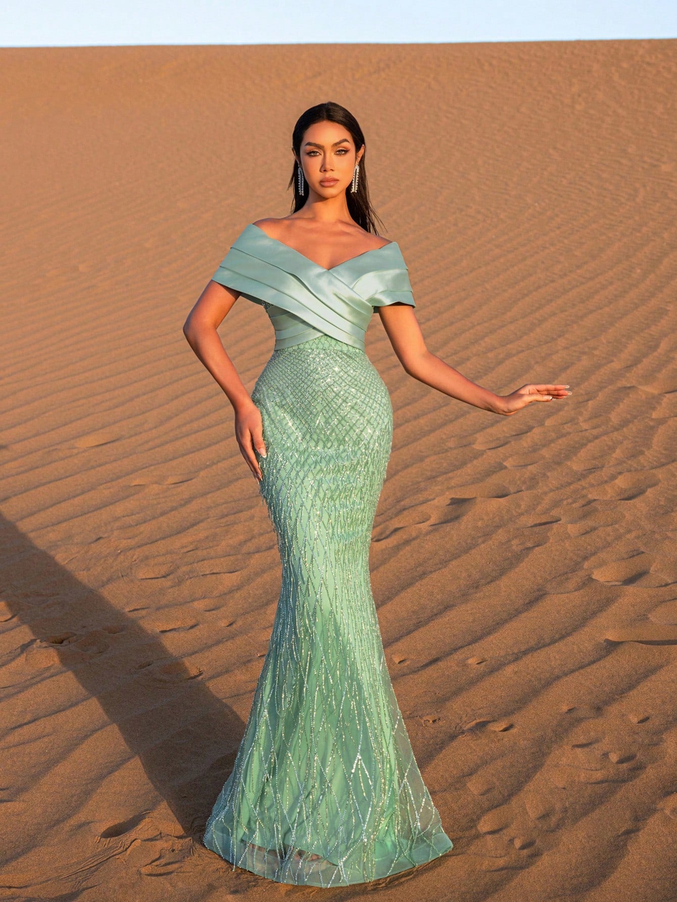 Elegant Off Shoulder Mermaid Hem Beaded Evening Dress
