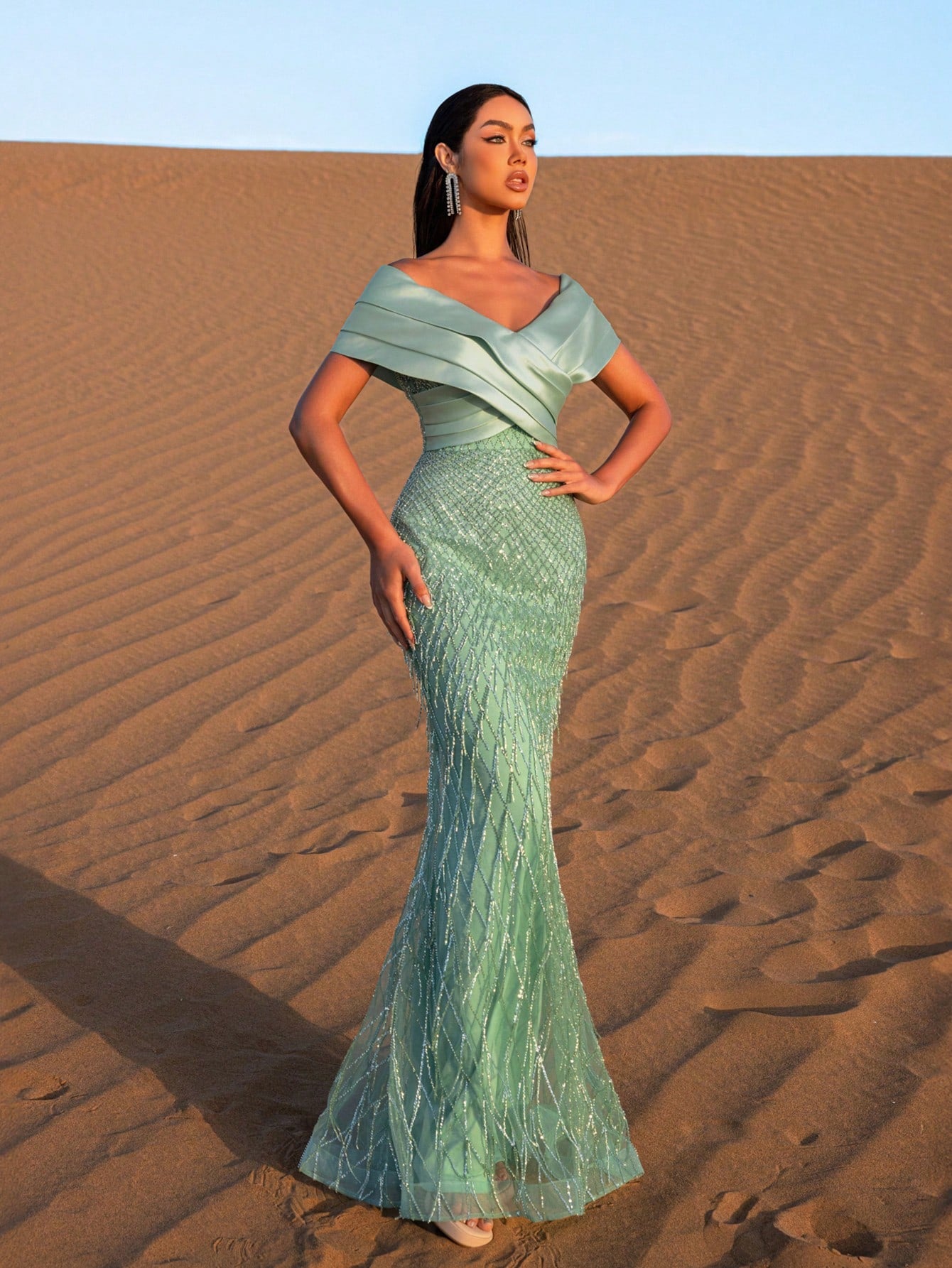 Elegant Off Shoulder Mermaid Hem Beaded Evening Dress