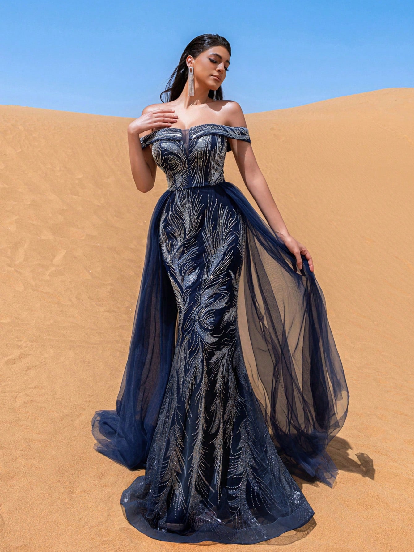 Gorgeous Off Shoulder Lace Up Back Mesh Train Beaded Formal Dresses & Evening Gowns