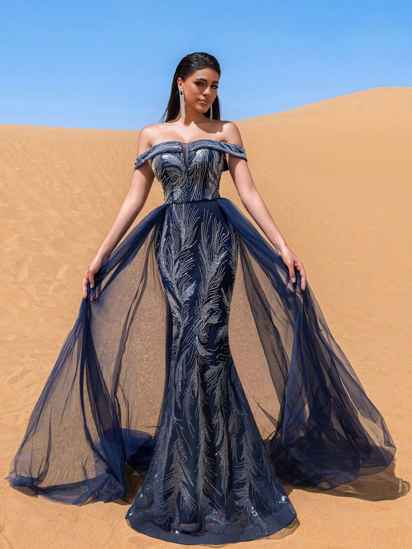 Gorgeous Off Shoulder Lace Up Back Mesh Train Beaded Formal Dresses & Evening Gowns