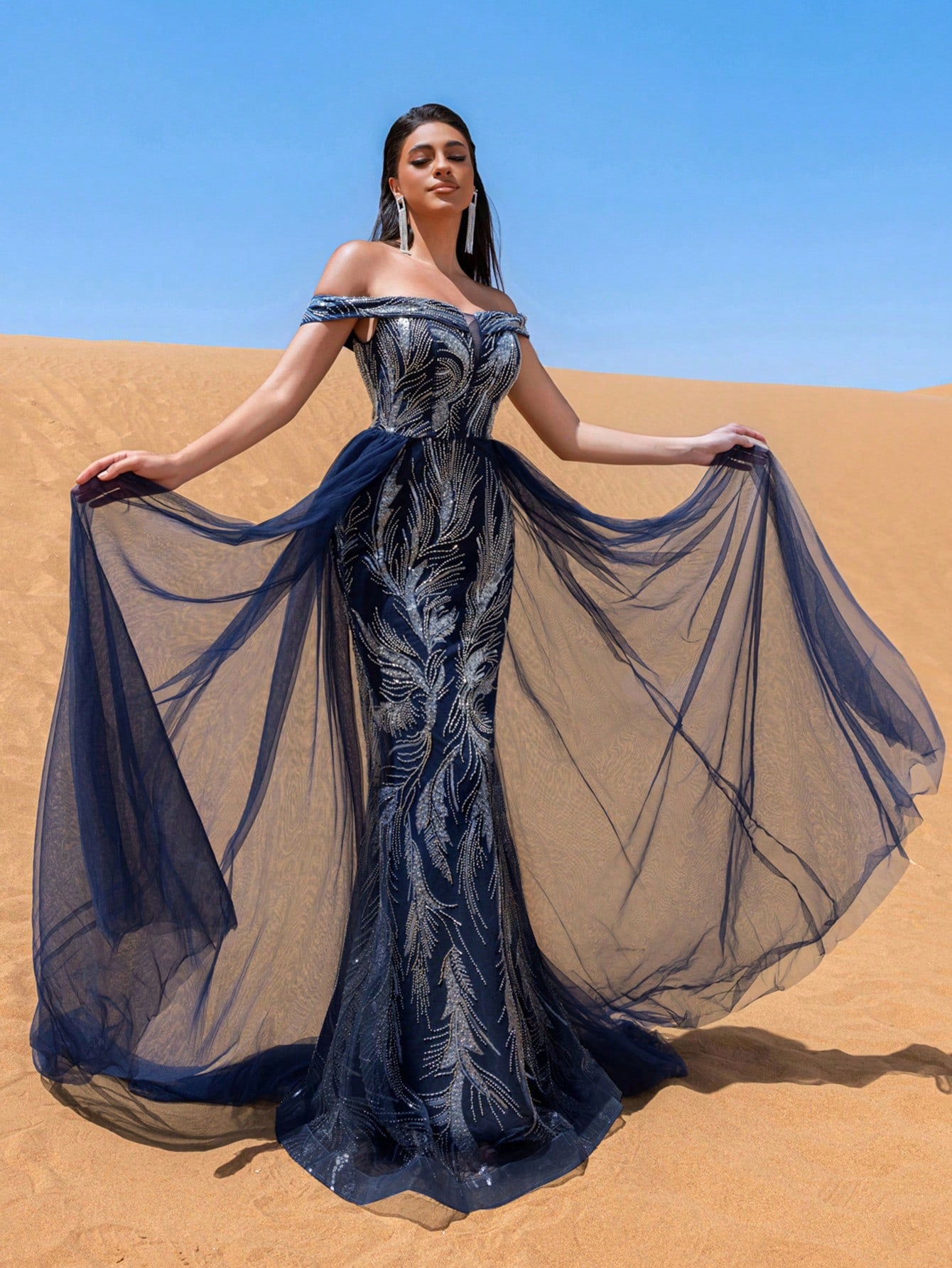 Gorgeous Off Shoulder Lace Up Back Mesh Train Beaded Formal Dresses & Evening Gowns