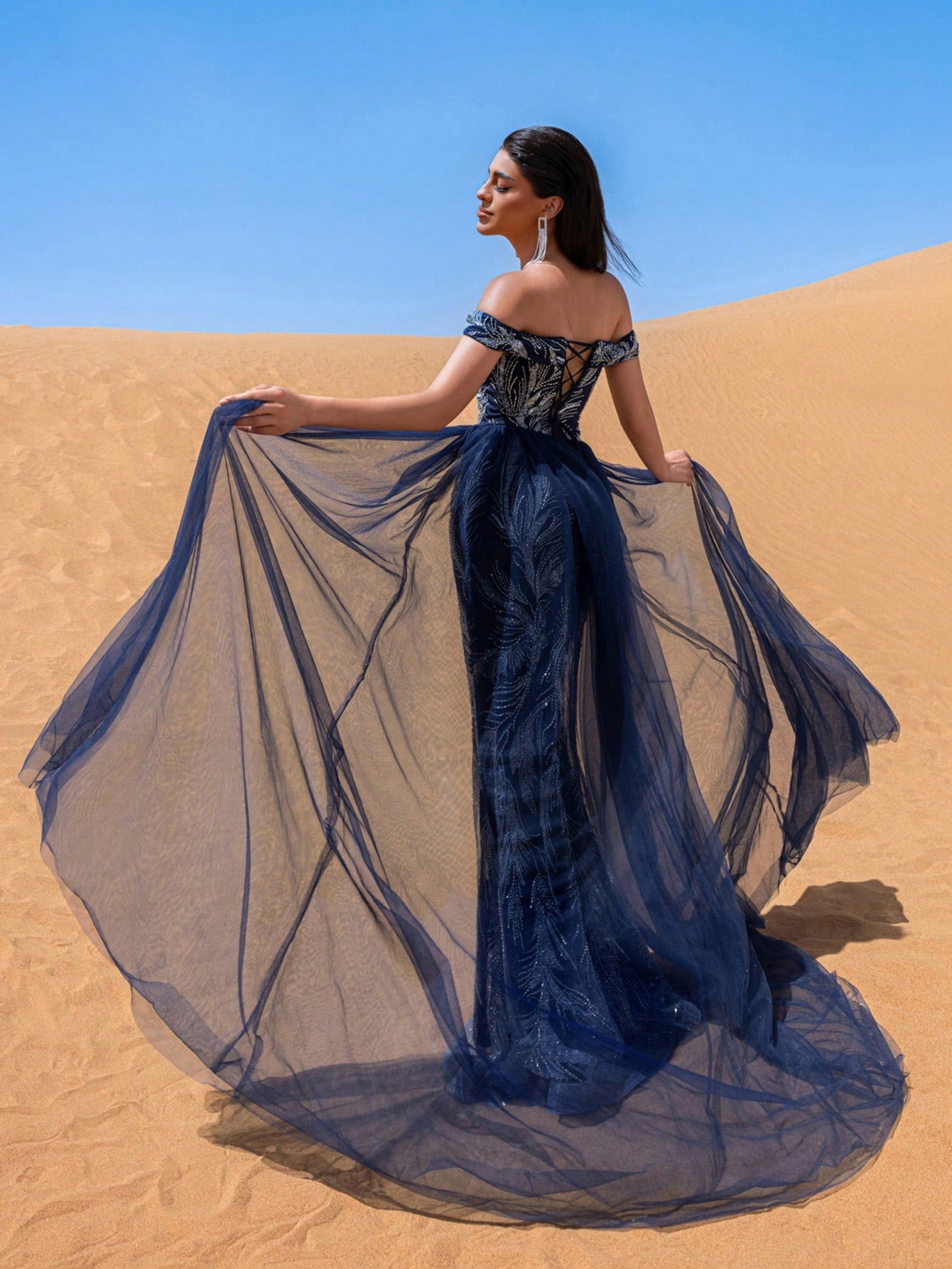 Gorgeous Off Shoulder Lace Up Back Mesh Train Beaded Formal Dresses & Evening Gowns