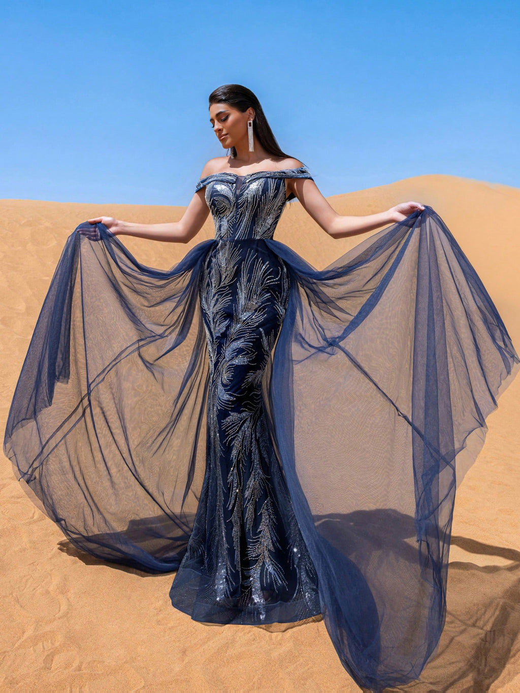 Gorgeous Off Shoulder Lace Up Back Mesh Train Beaded Formal Dresses & Evening Gowns